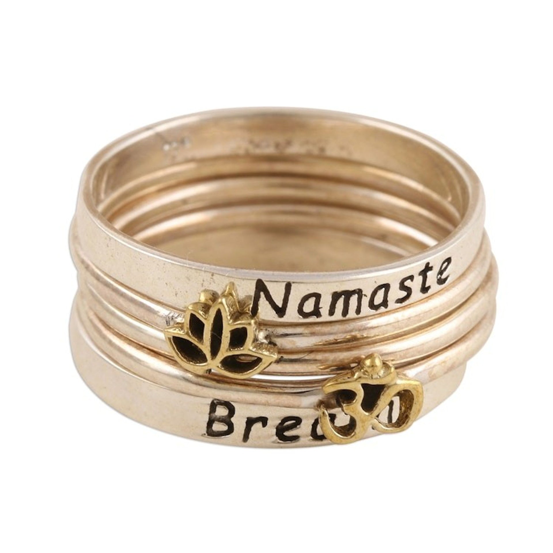 5 Stackable Sterling Silver Rings Namaste and Breathe 'Peaceful Greetings'