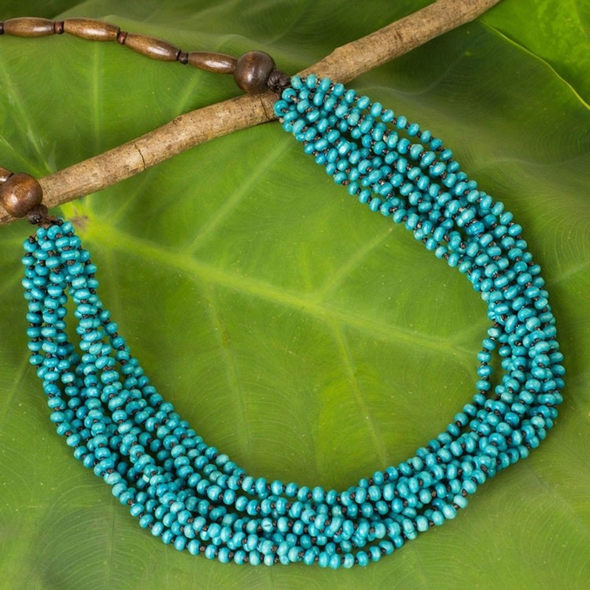 Artisan Crafted Blue Wood Statement Necklace from Thailand 'Rising Summer'