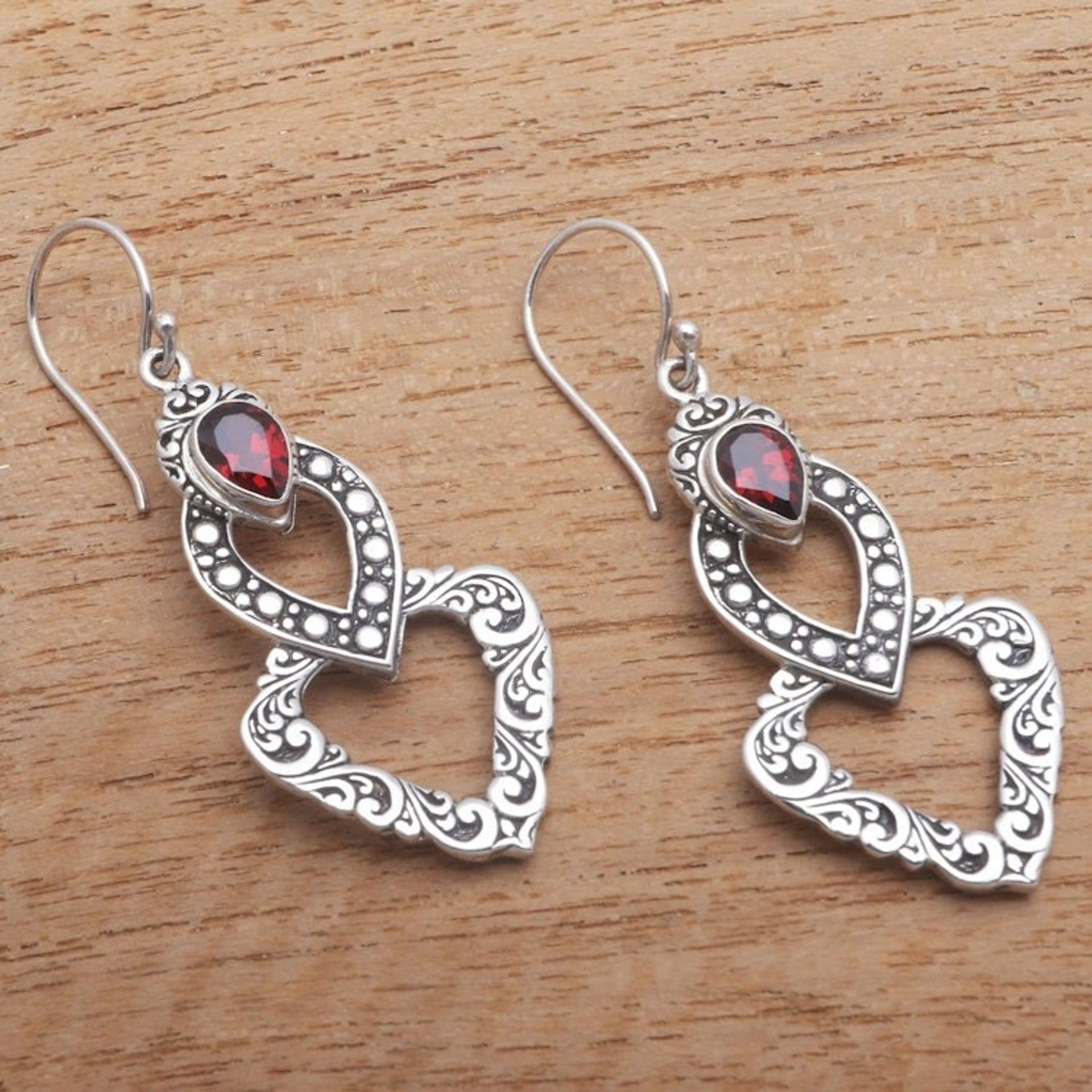 Heart-Shaped Faceted Garnet Dangle Earrings from Bali 'Hearts of Waves'