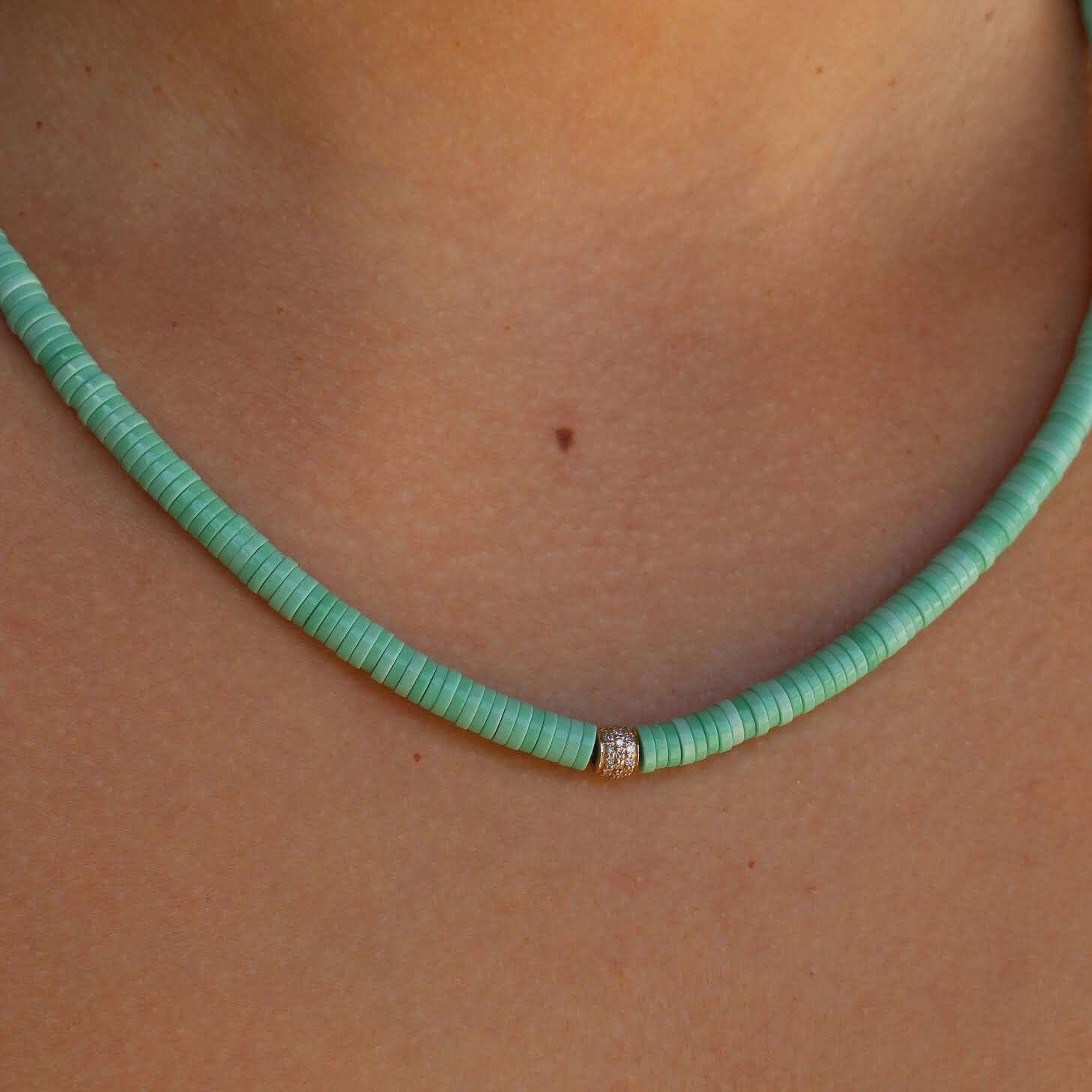 Gold Diamond Mint Green Heishi Beaded Necklace