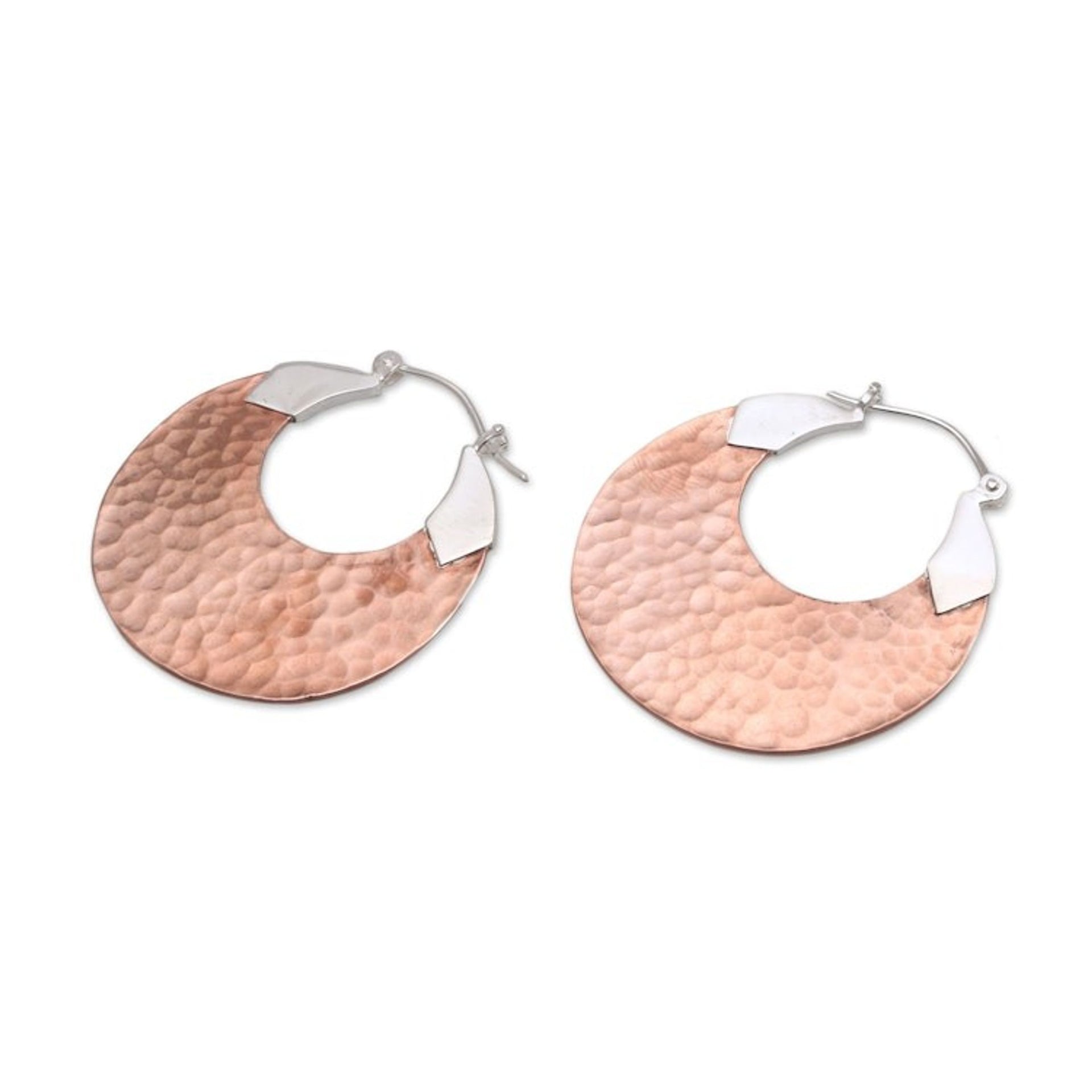 18K Rose Gold Plated Hammered Copper Hoop Earrings 'Radiant Reflections'