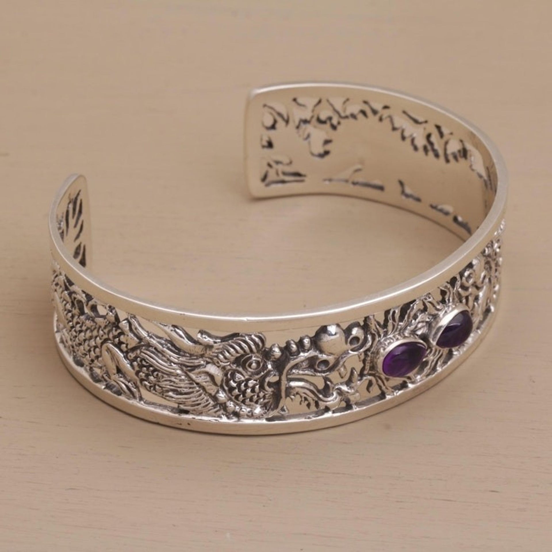 Dragon Themed Sterling Silver and Amethyst Cuff Bracelet 'Dragon Duel'
