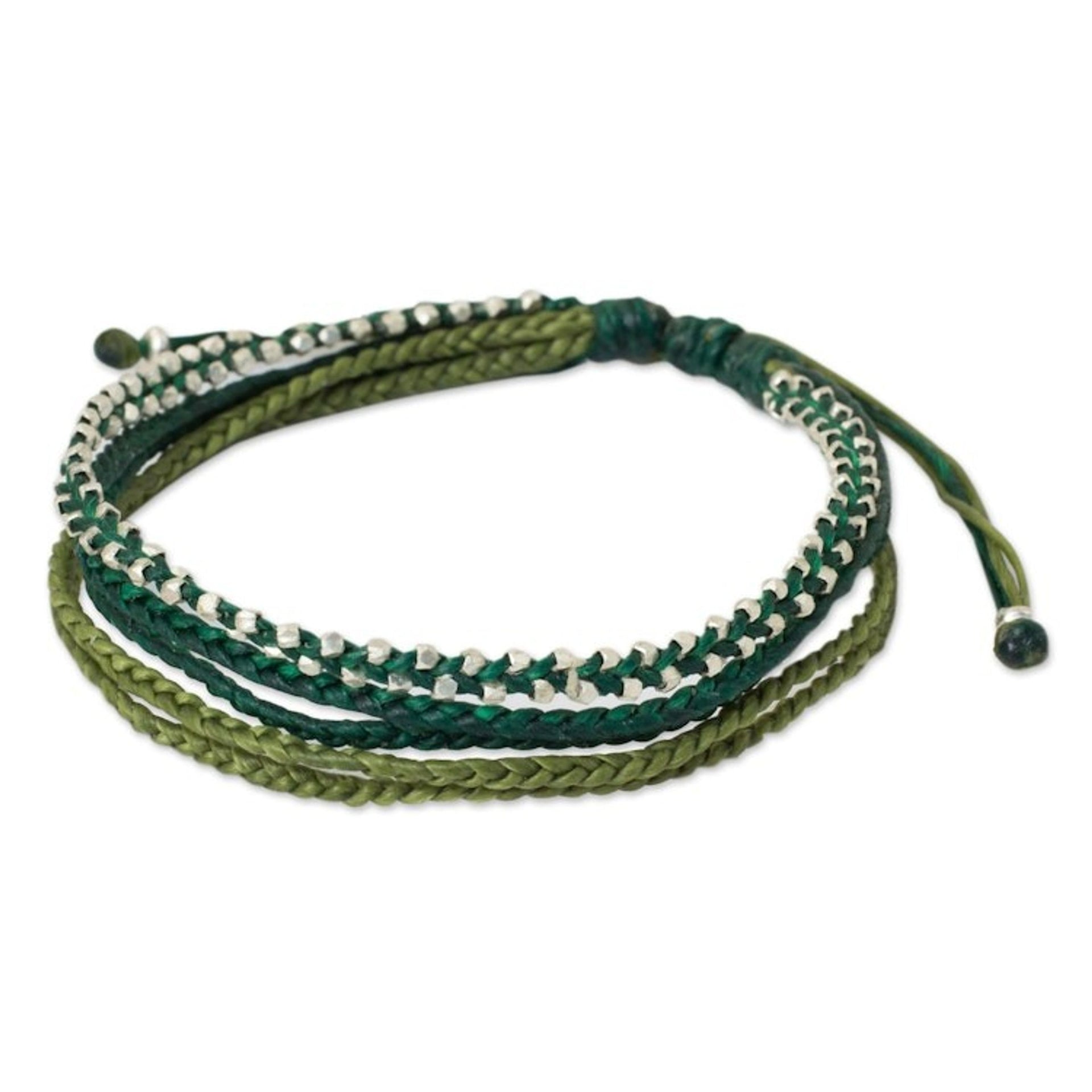 Hand Crafted Cord Wristband Bracelet with Silver Beads 'Fresh Green'