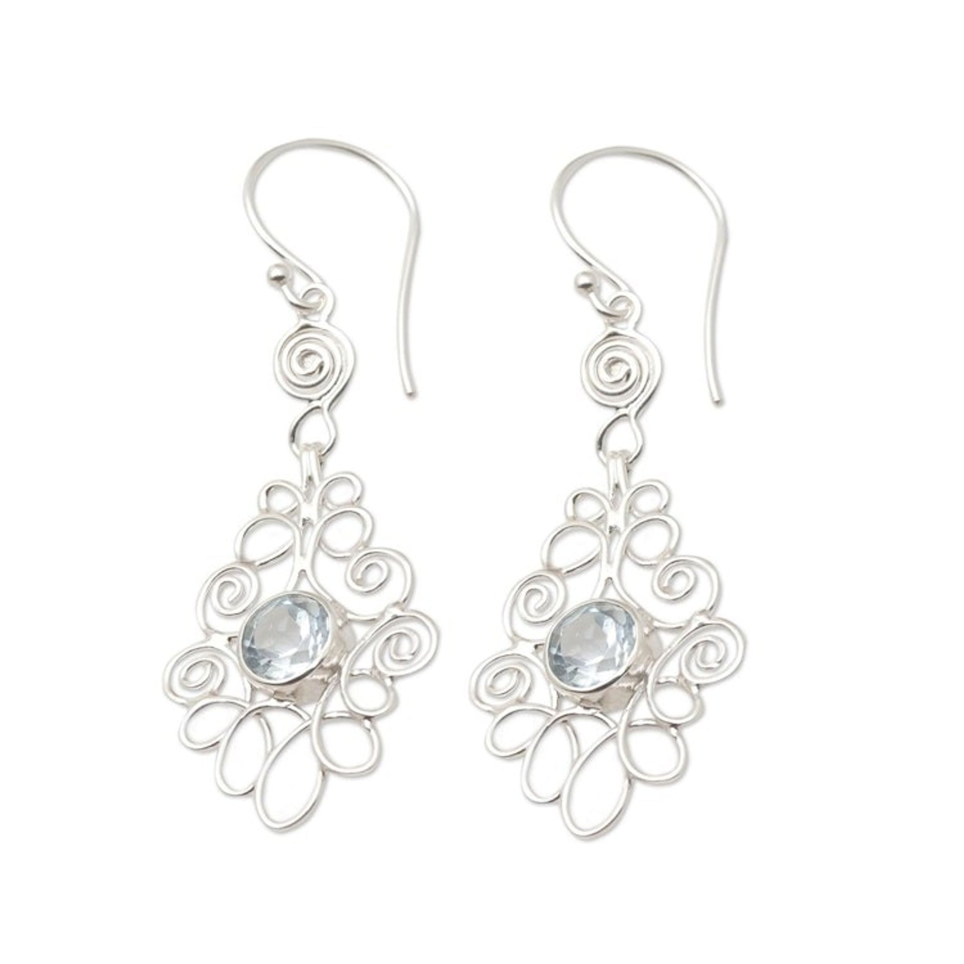Sterling Silver and Blue Topaz Dangle Earrings 'Moringa Leaves in Blue'