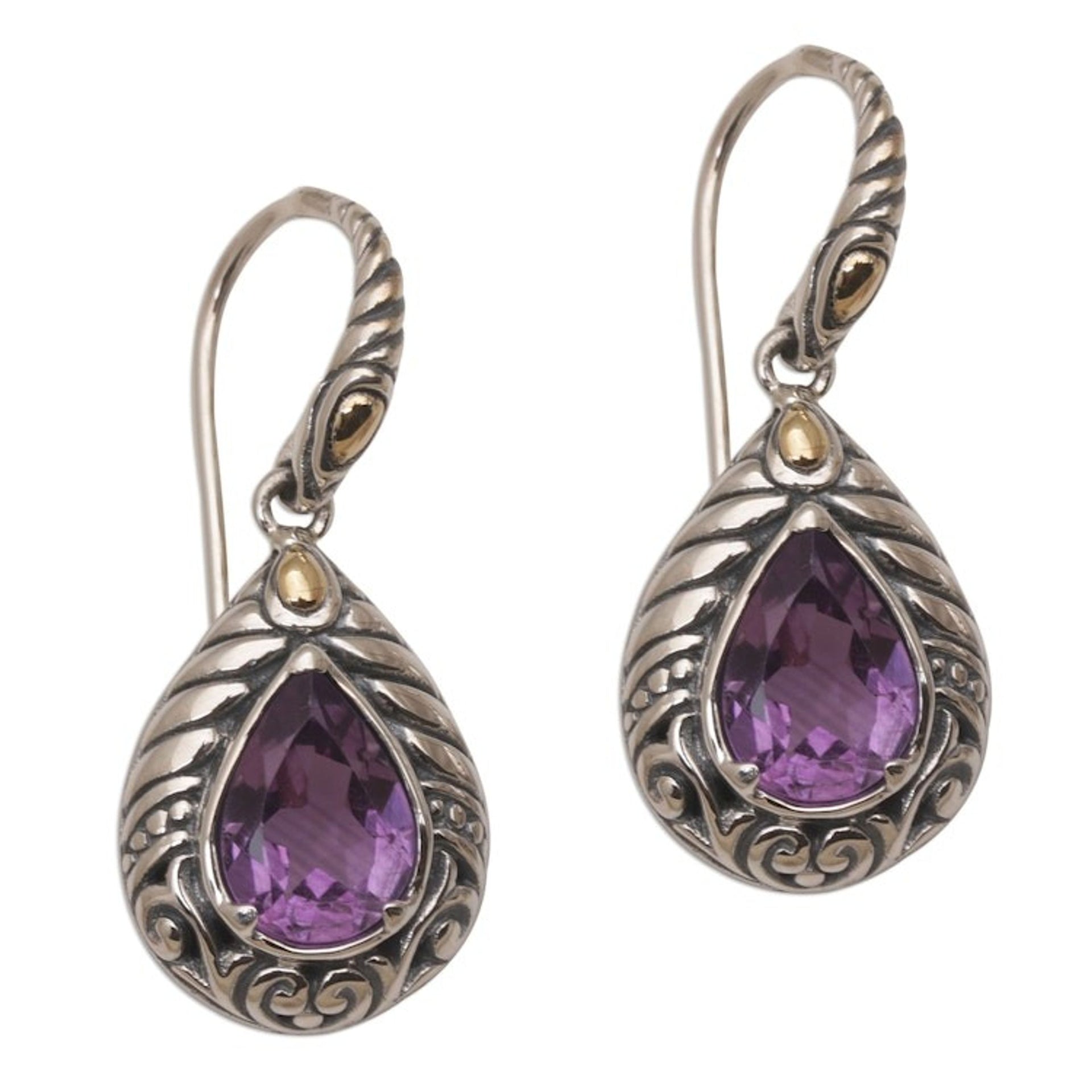 Balinese Gold Accent Amethyst Dangle Earrings 'Floral Amulet'