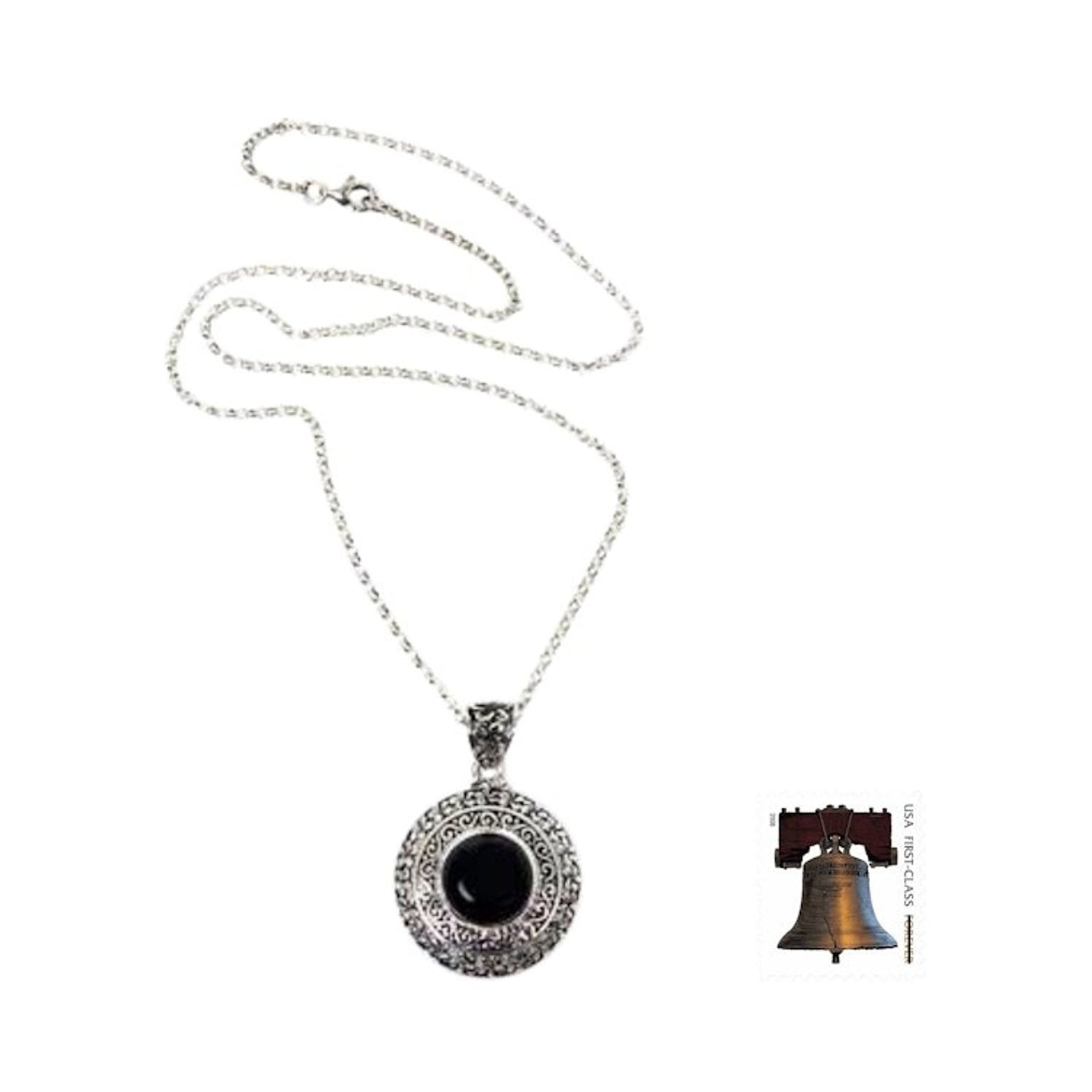 Floral Sterling Silver and Onyx Pendant Necklace  'Frangipani Secrets'