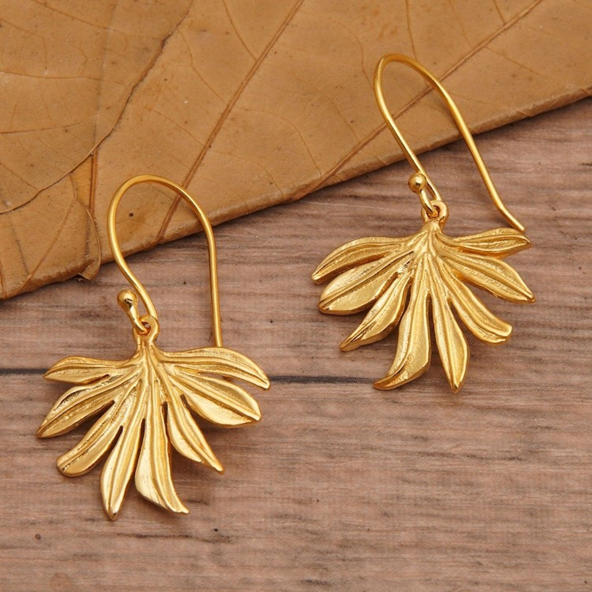 Palm Leaf-Shaped 18k Gold-Plated Brass Dangle Earrings 'Palms  Victory'