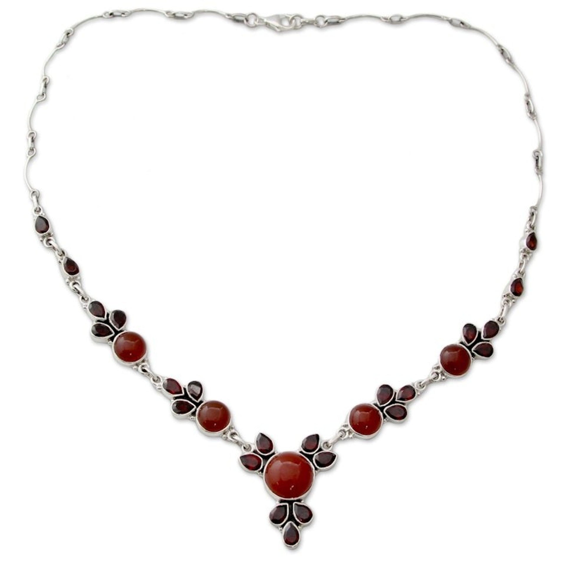 Hand Crafted Carnelian and Garnet Sterling Silver Necklace 'Rosy Blossom'