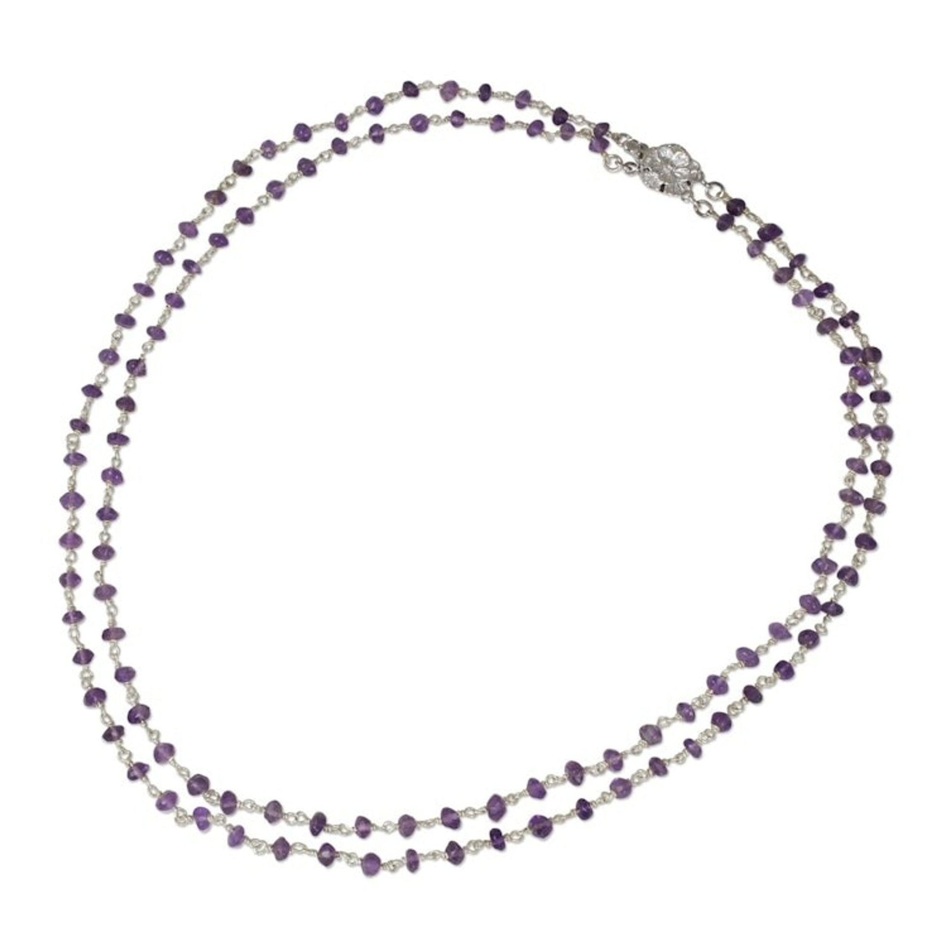 Amethyst Strand Necklace with Flower Clasp Artisan Jewelry 'Regal Water Lily'