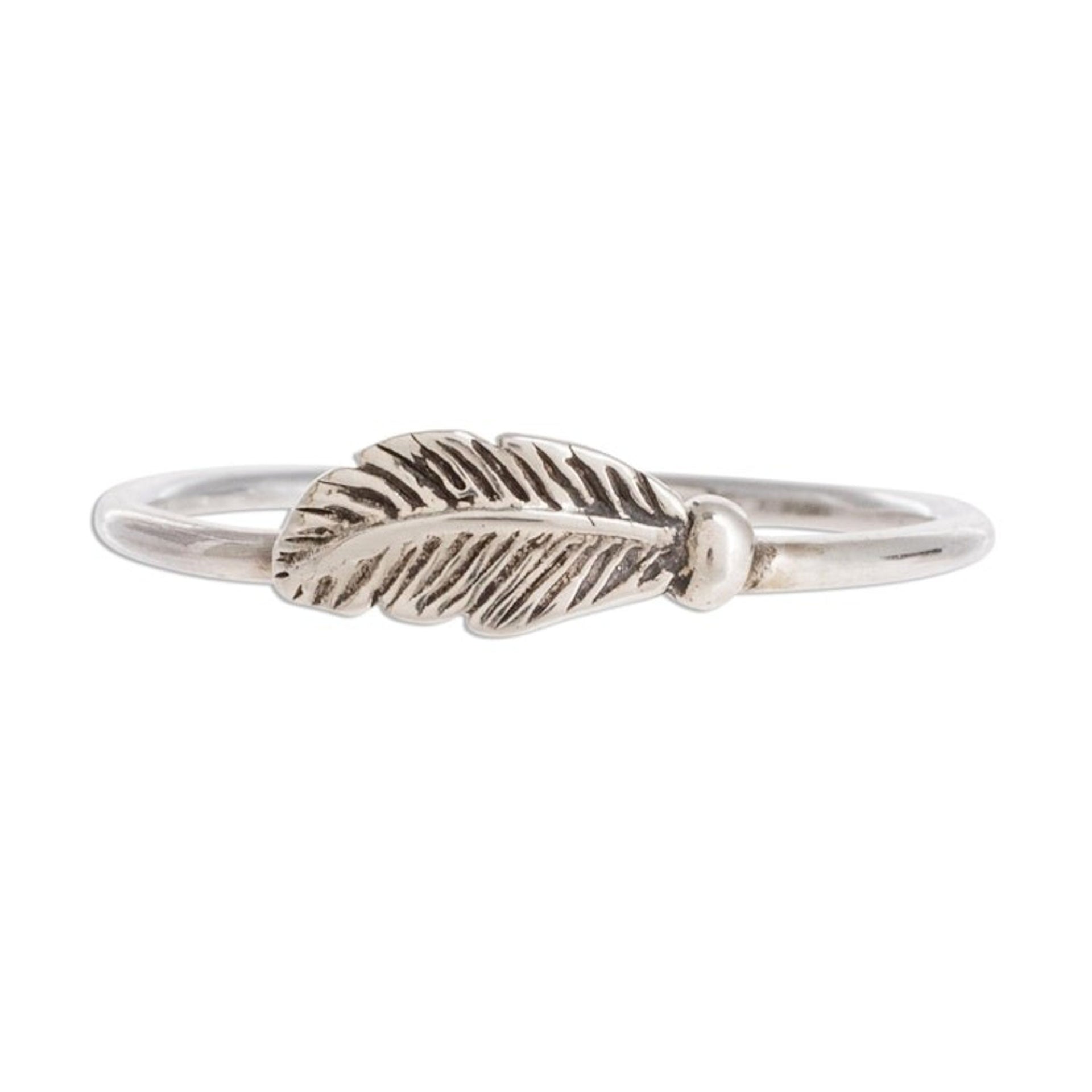 Slender Sterling Silver Band Ring with Feather 'Fallen Feather'