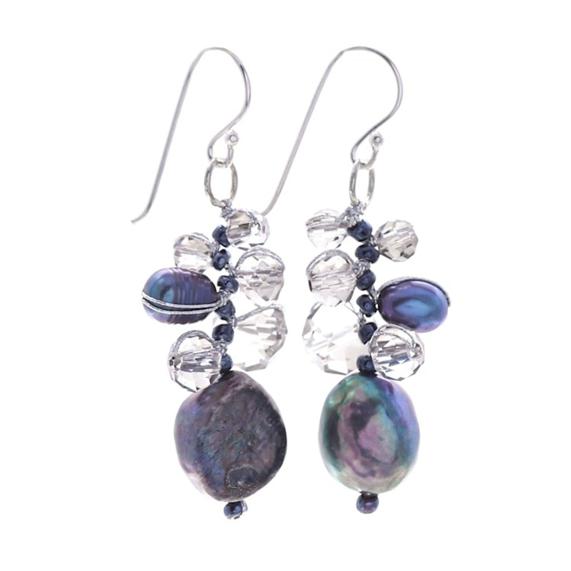 Clear Glass Beaded Dangle Earrings with Black Pearls 'Rain of Mystery'