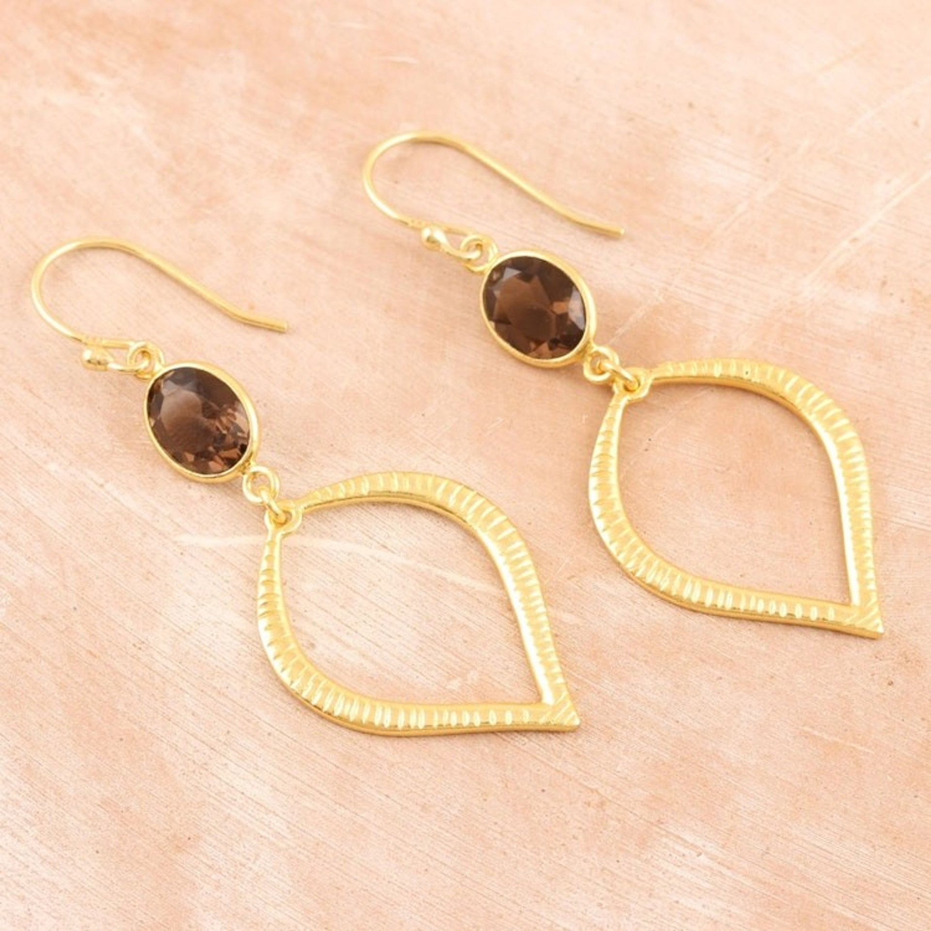 Handcrafted 22k Earrings with Smoky Quartz 'Glittering Petal'