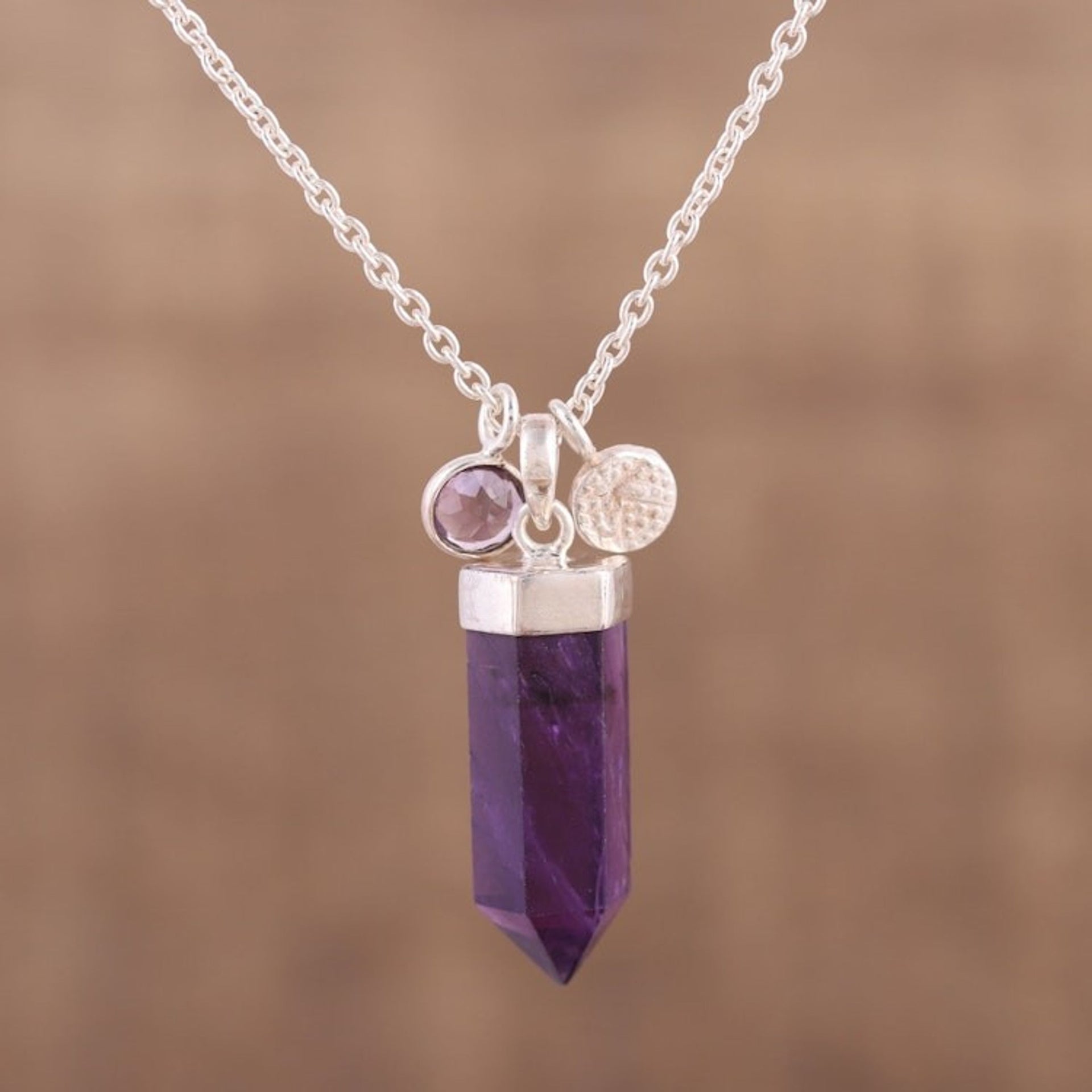 Adjustable Amethyst Pendant Necklace from India 'Purple Energy'