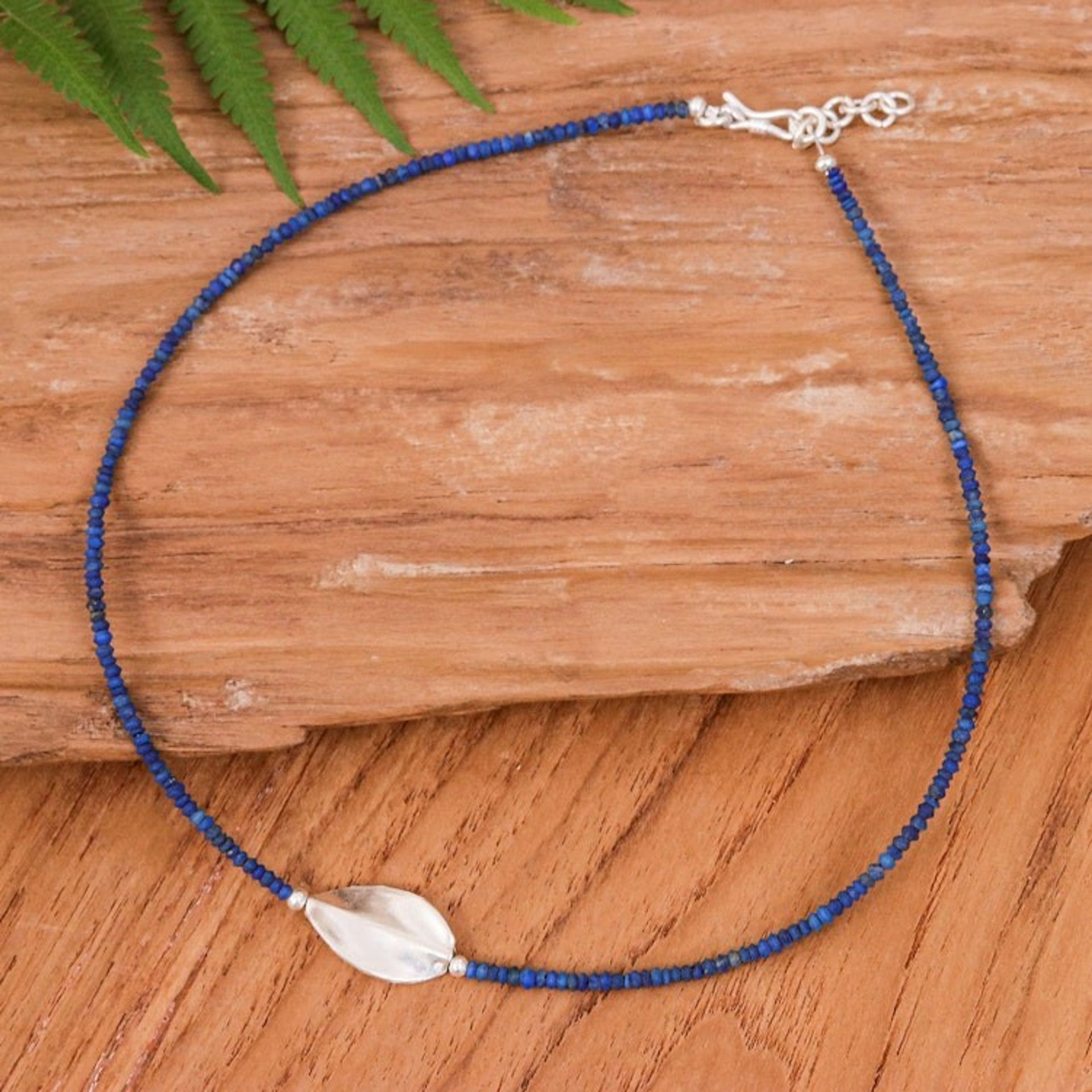Lapis Lazuli Silver Beaded Pendant Necklace with Leaf Motif 'Leafy Dream'