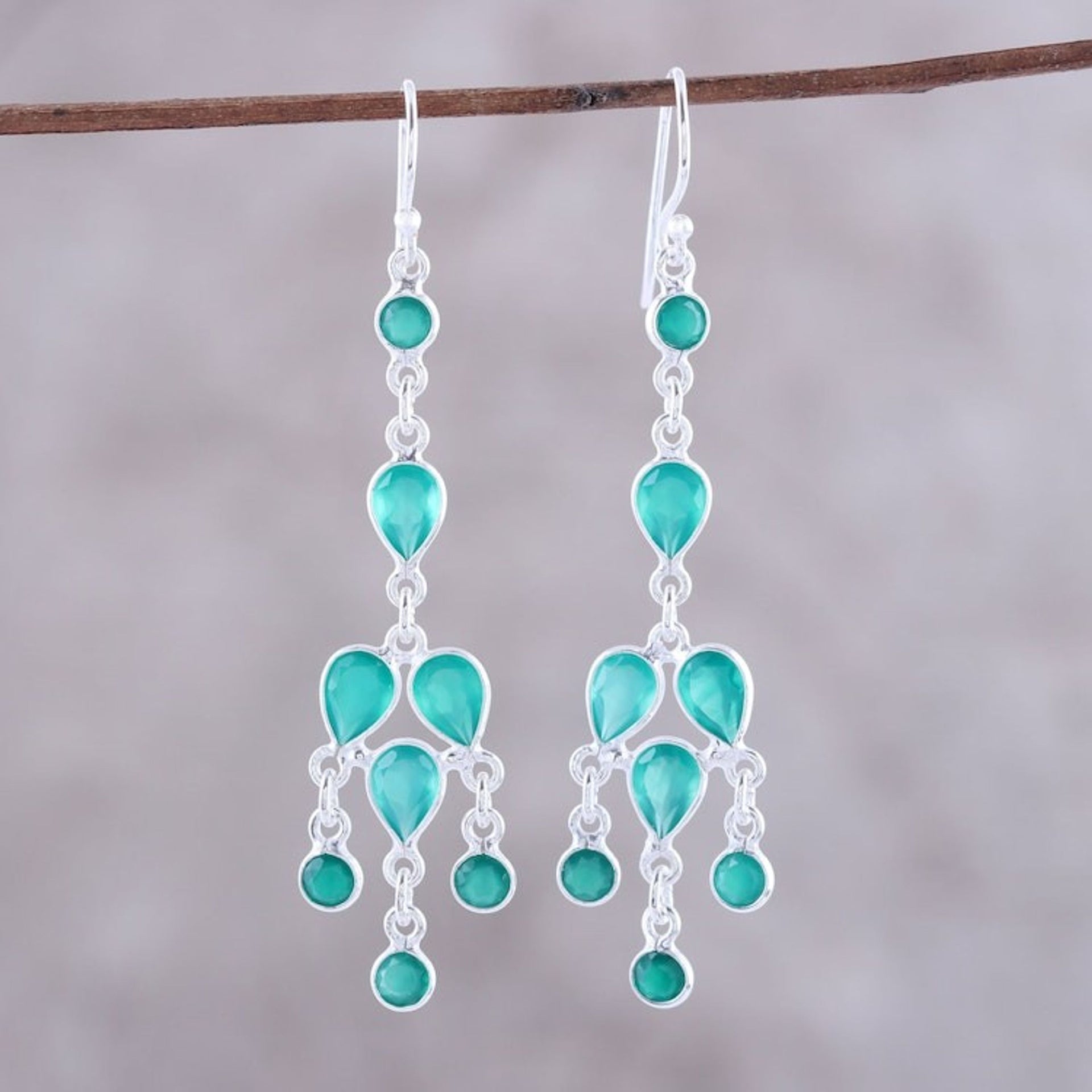 Sterling Silver and Green Onyx Chandelier Earrings 'Leafy Adornment'