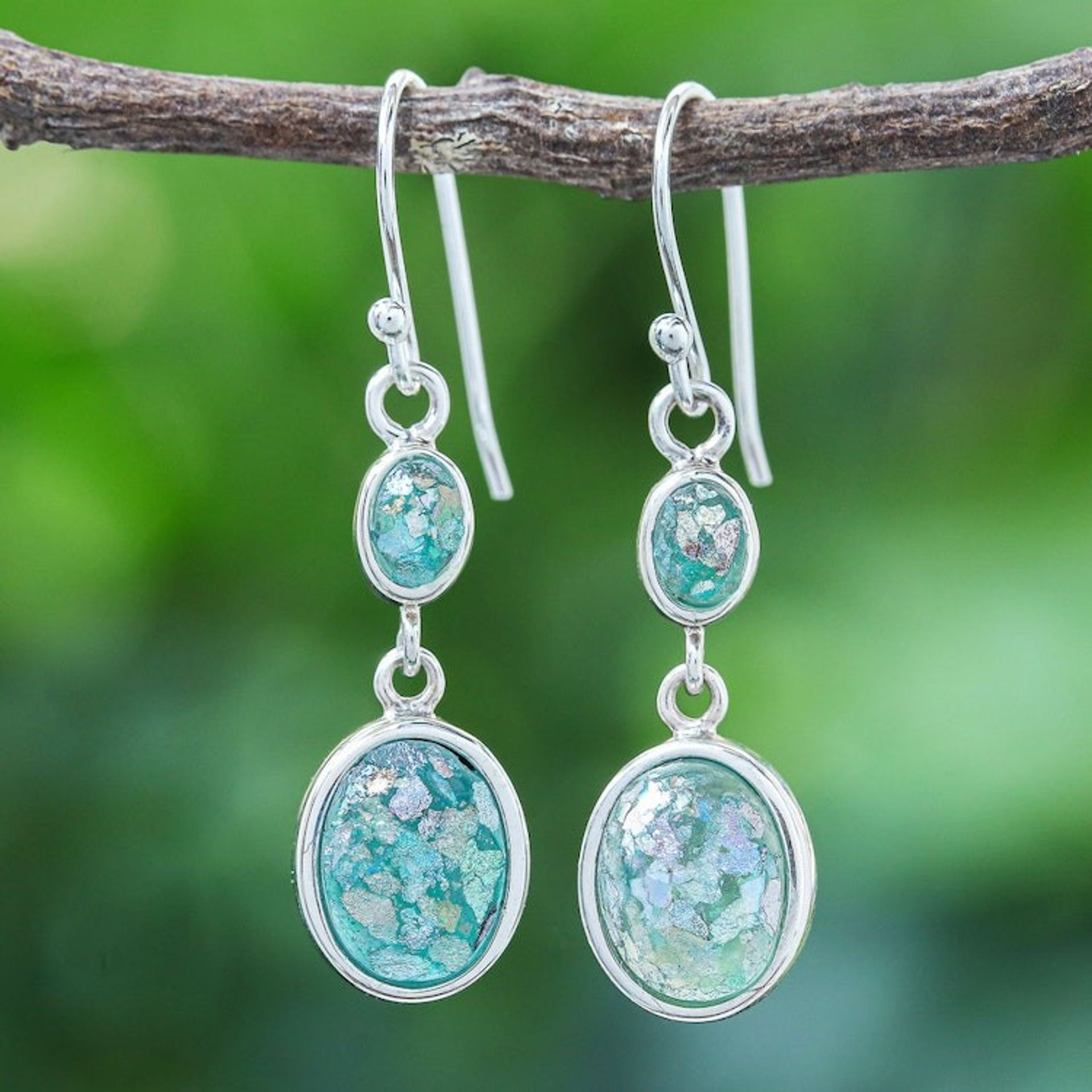 Handmade Roman Glass Dangle Earrings 'Spring Showers'