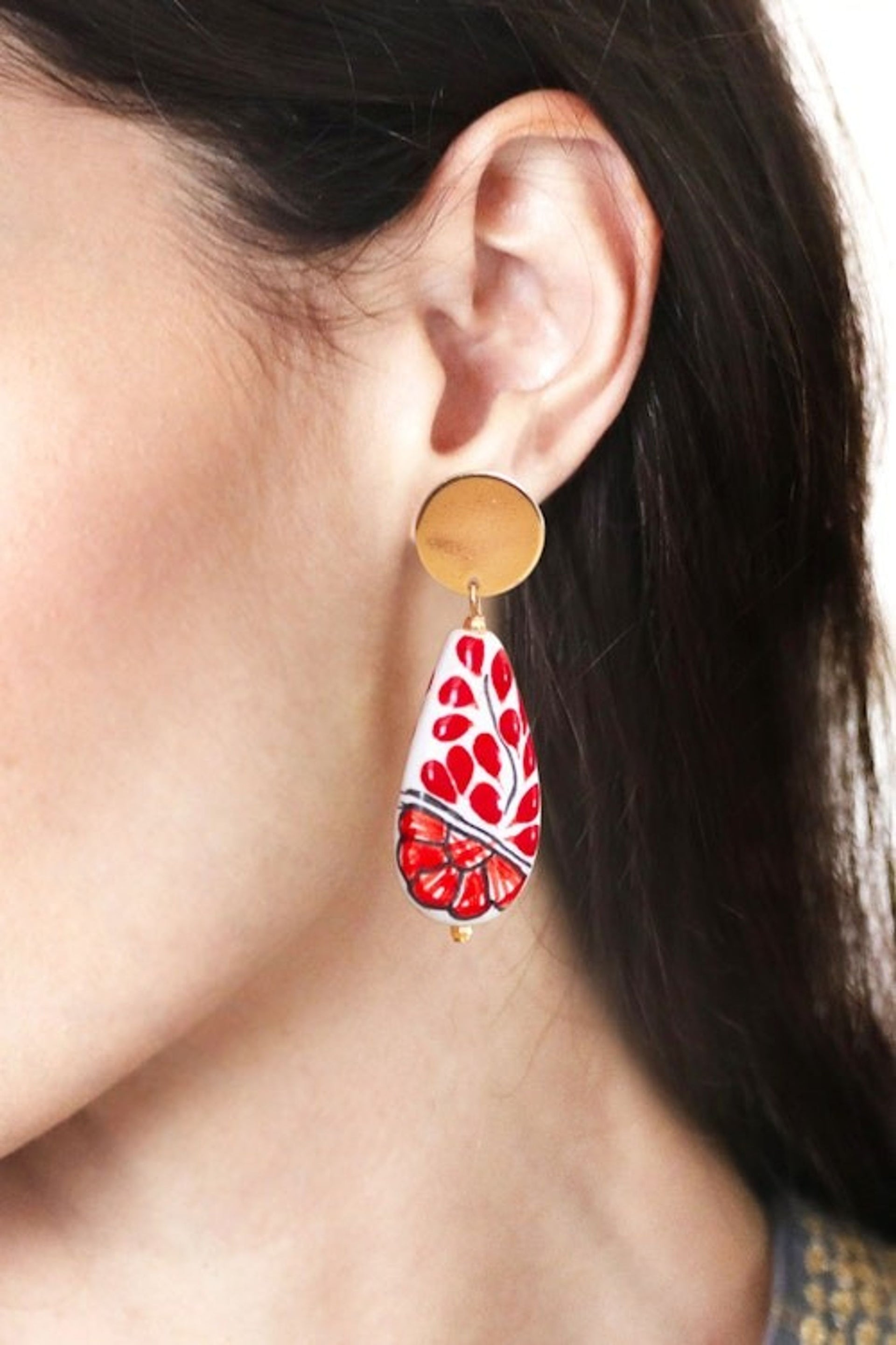 Floral Red Gold-Accented Drop-Shaped Ceramic Dangle Earrings 'Passionate Rain'