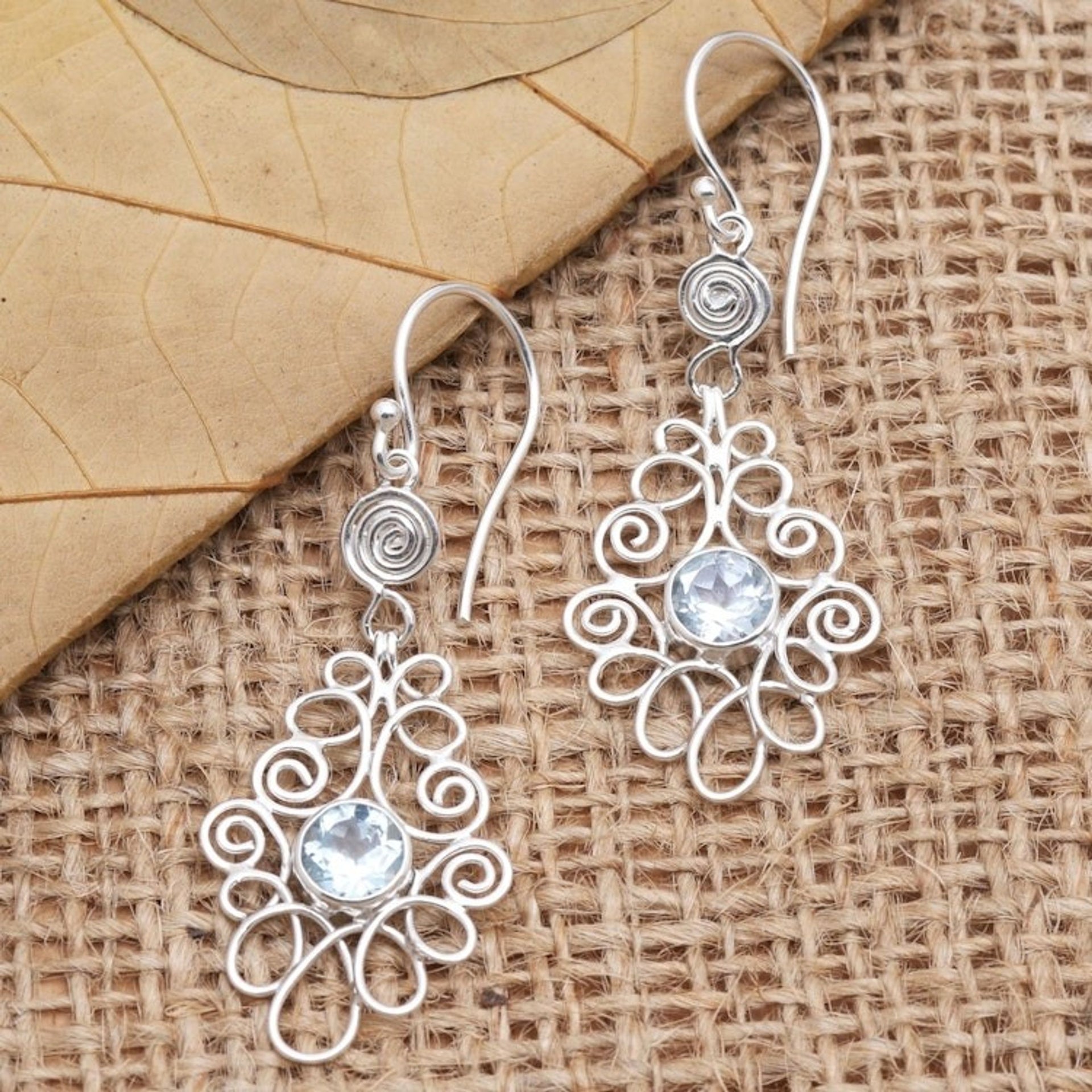 Sterling Silver and Blue Topaz Dangle Earrings 'Moringa Leaves in Blue'