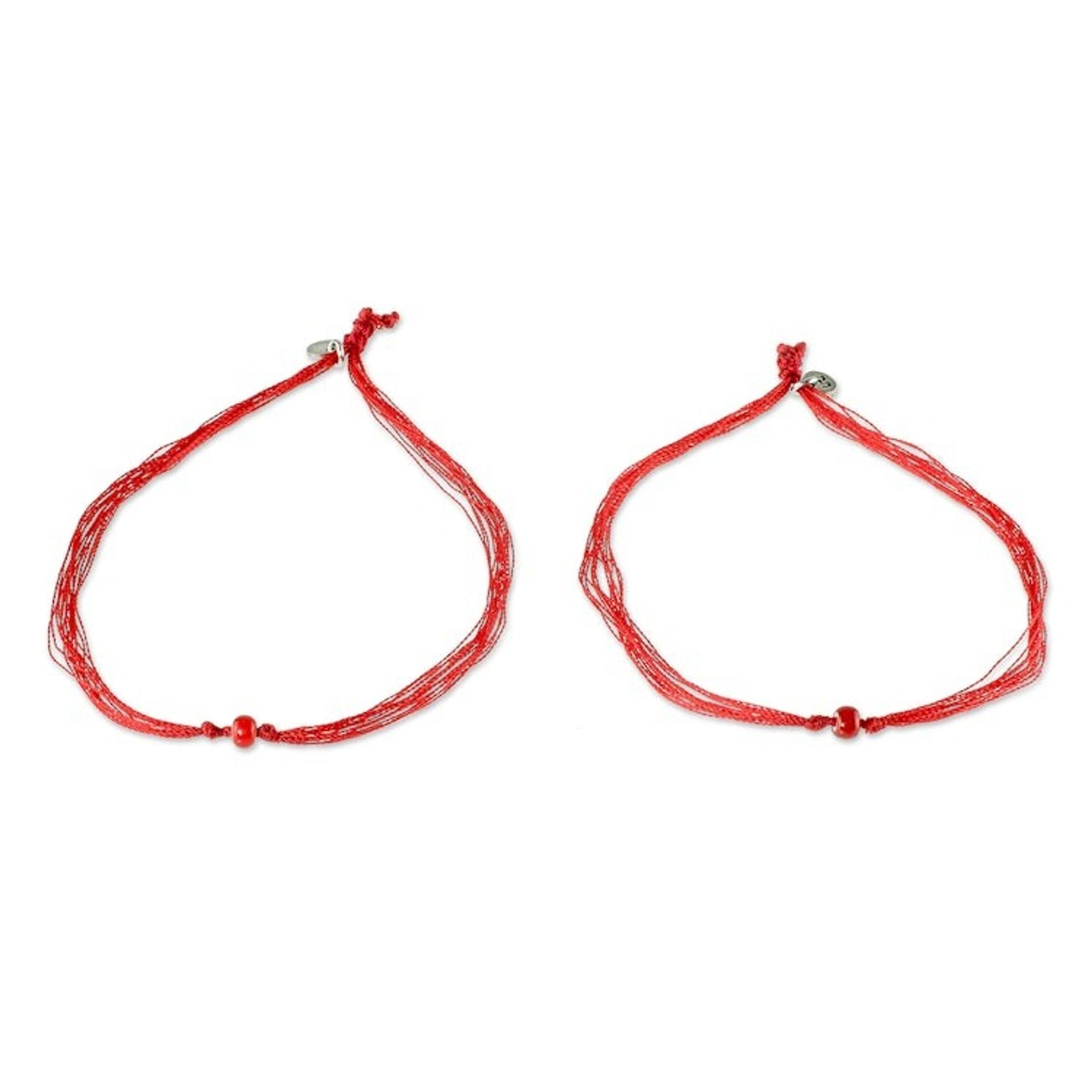 Red Cord Bracelets with Red Glass Beads Pair 'For You and Me'