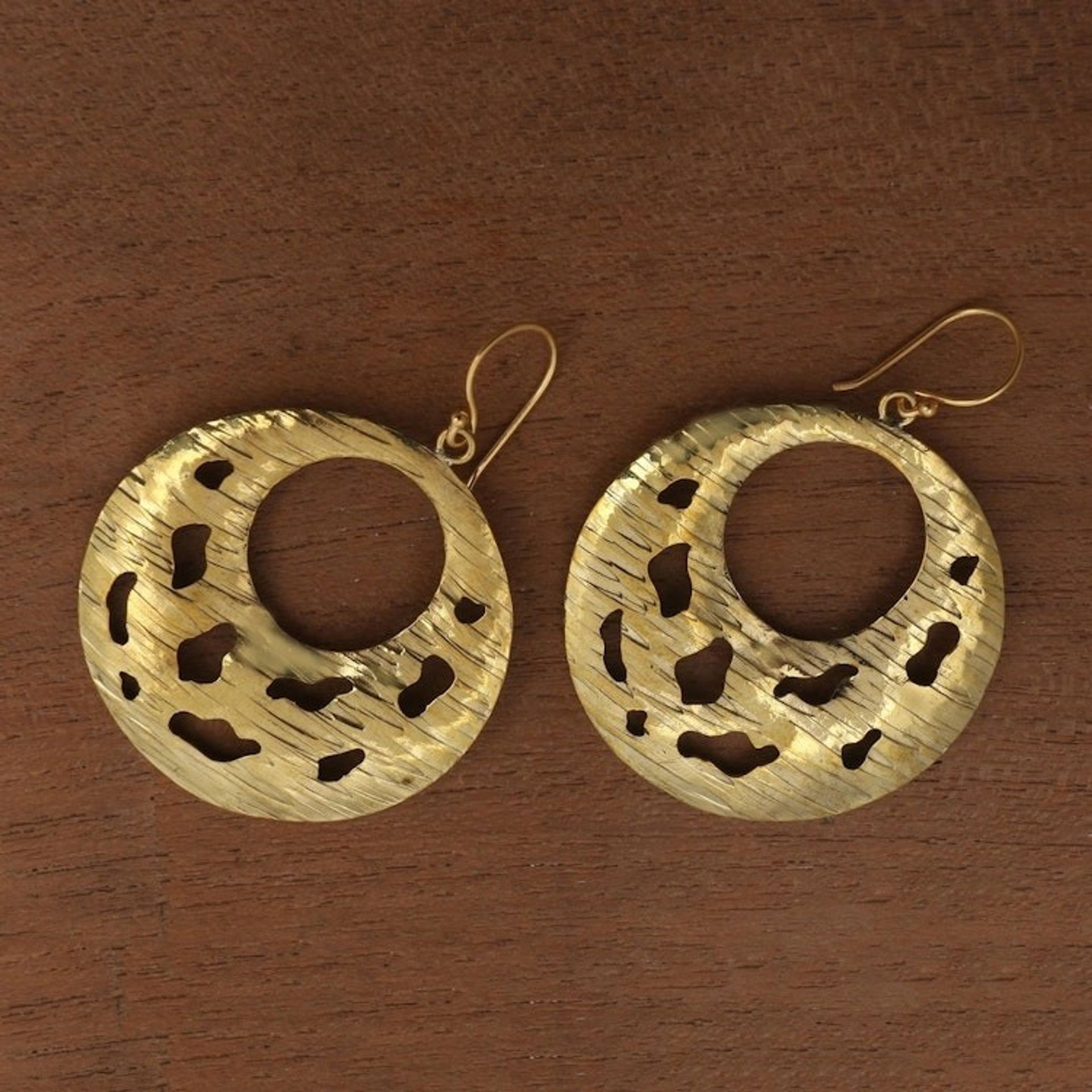 Round Abstract Motif Brass Dangle Earrings from Bali 'Bali Crescents'