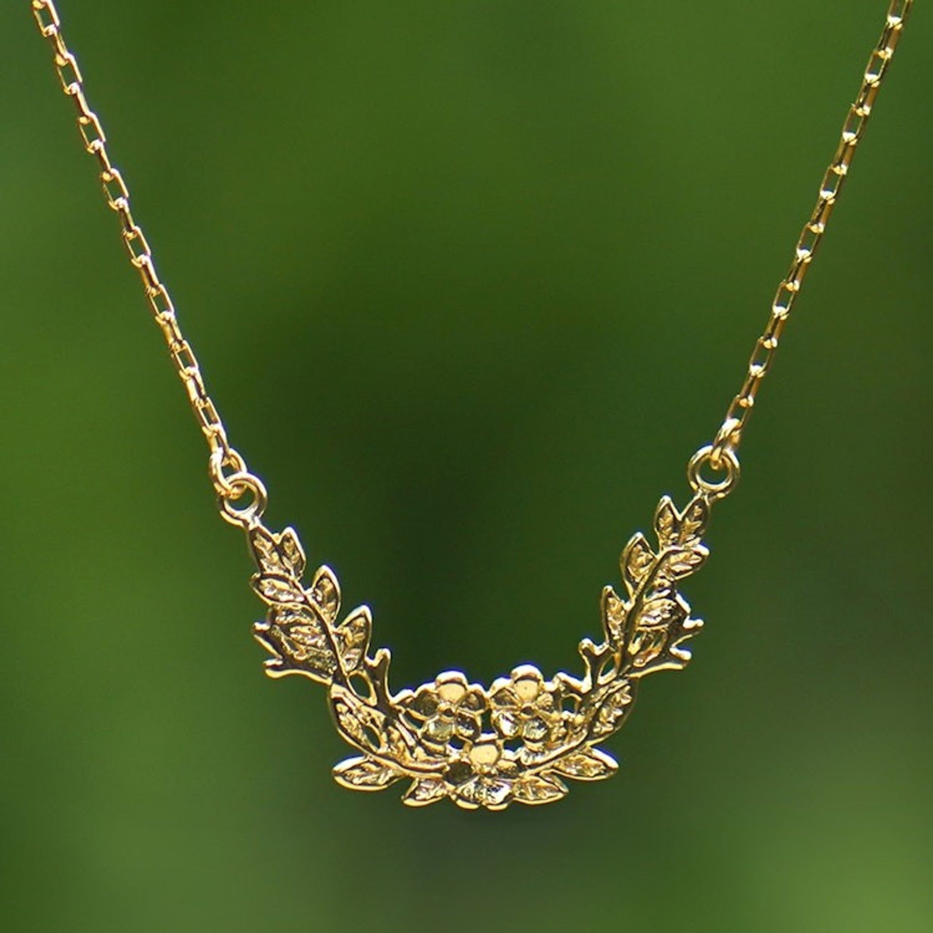 18k Gold-Plated Leafy and Floral Pendant Necklace from Bali 'Spring Plumeria'