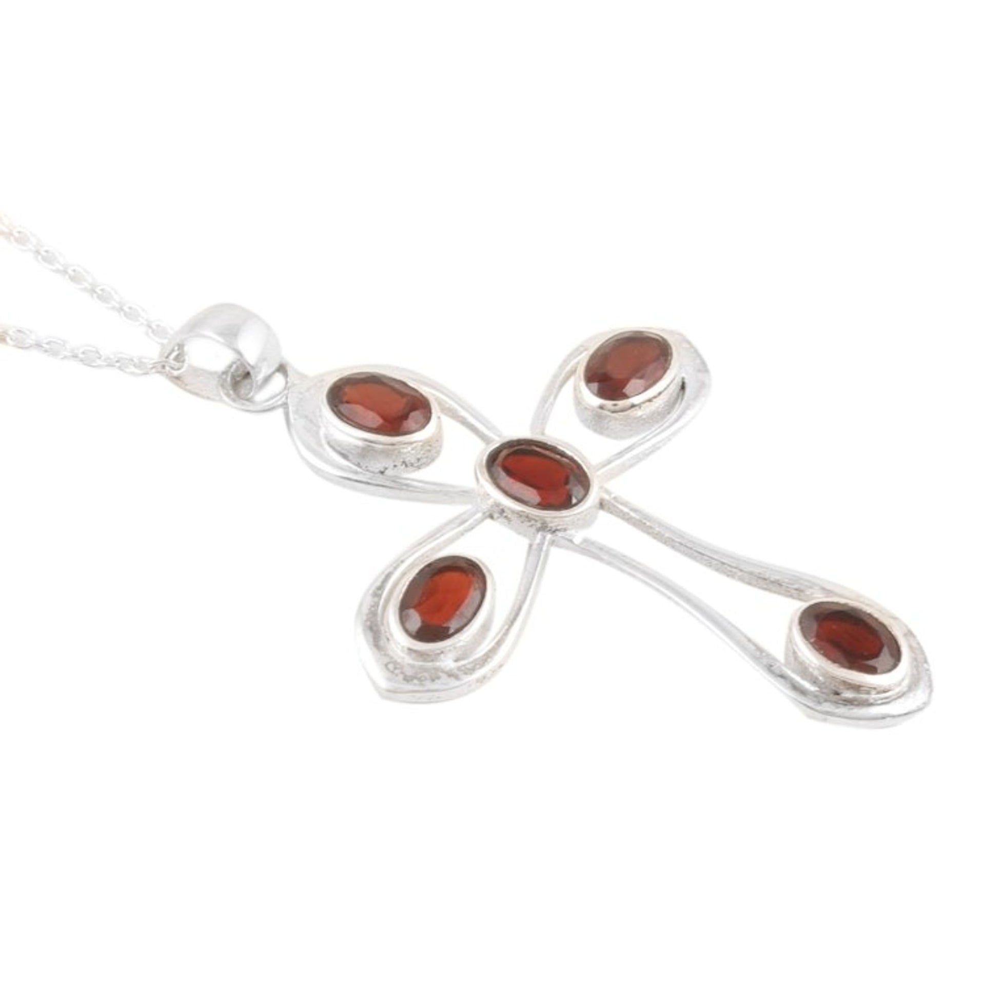 Sterling Silver and Garnet Pendant Necklace with Cross Motif 'High Faith'
