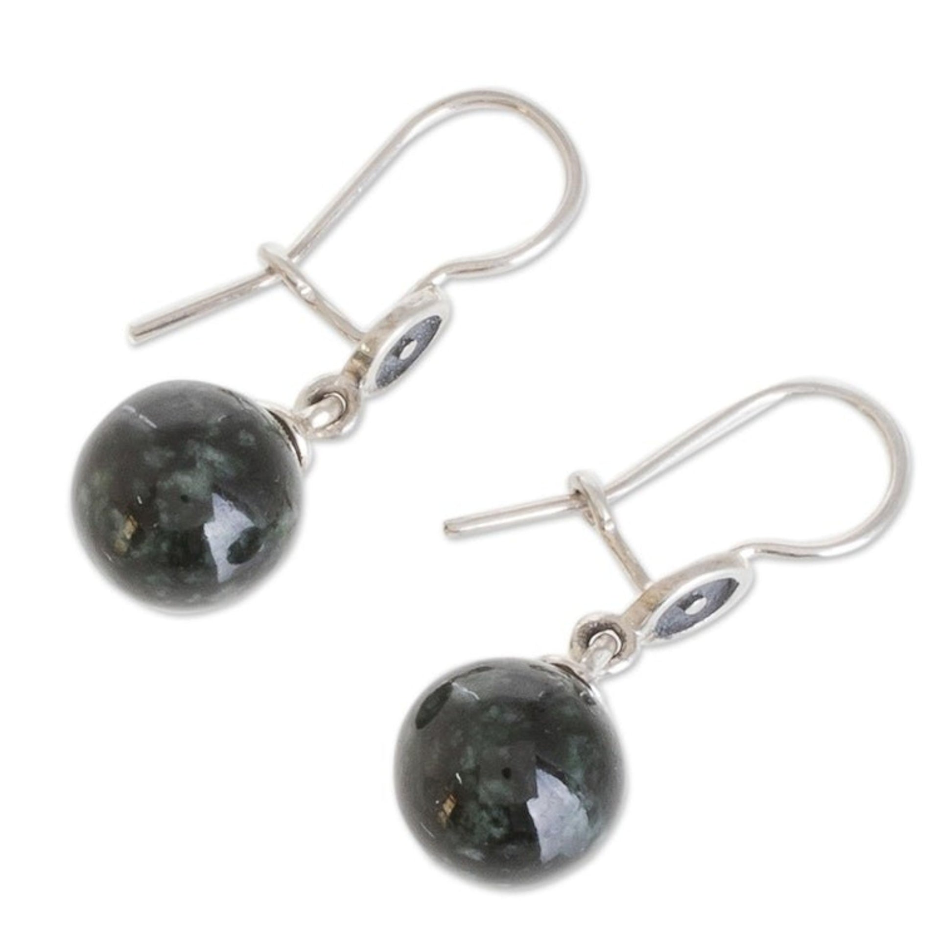 Dark Green Jade Dangle Earrings from Guatemala 'Magic Orbs'