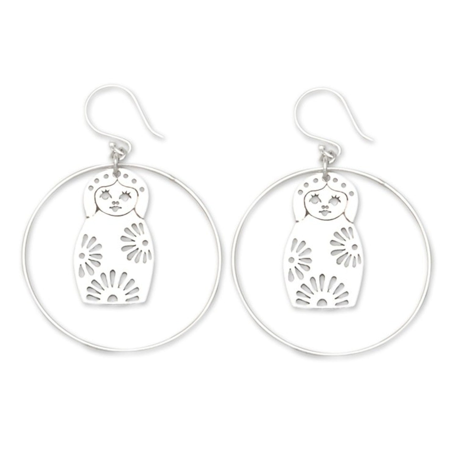 Doll-Themed Whimsical Sterling Silver Dangle Earrings 'Snowy Dolly'