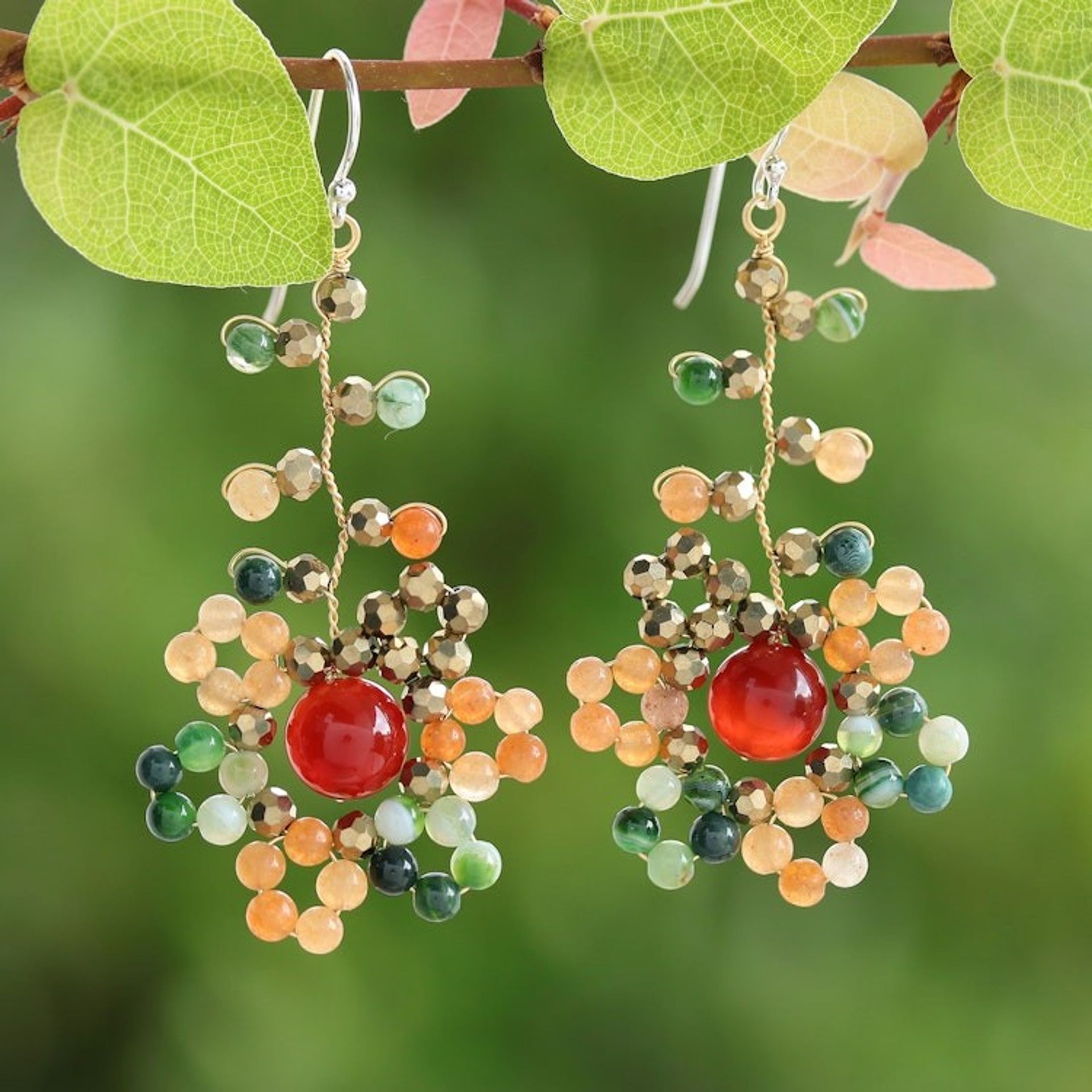 Warm-Toned Multi-Gemstone Beaded Dangle Earrings 'Dawn Atoms'