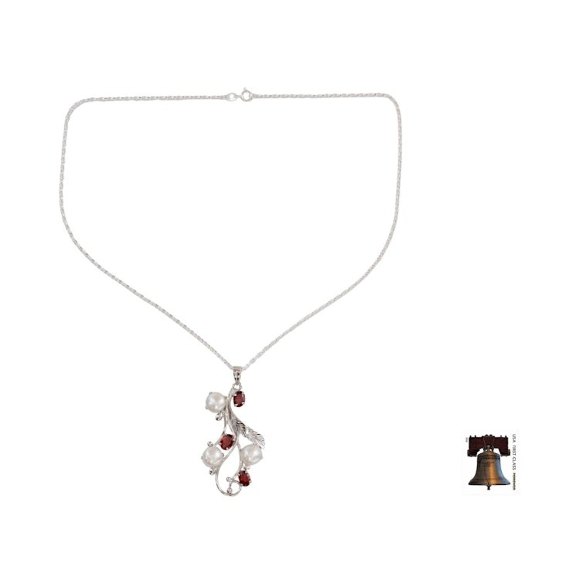 Fair Trade Floral Pearl and Garnet Pendant Necklace 'Dreamy Blossom'