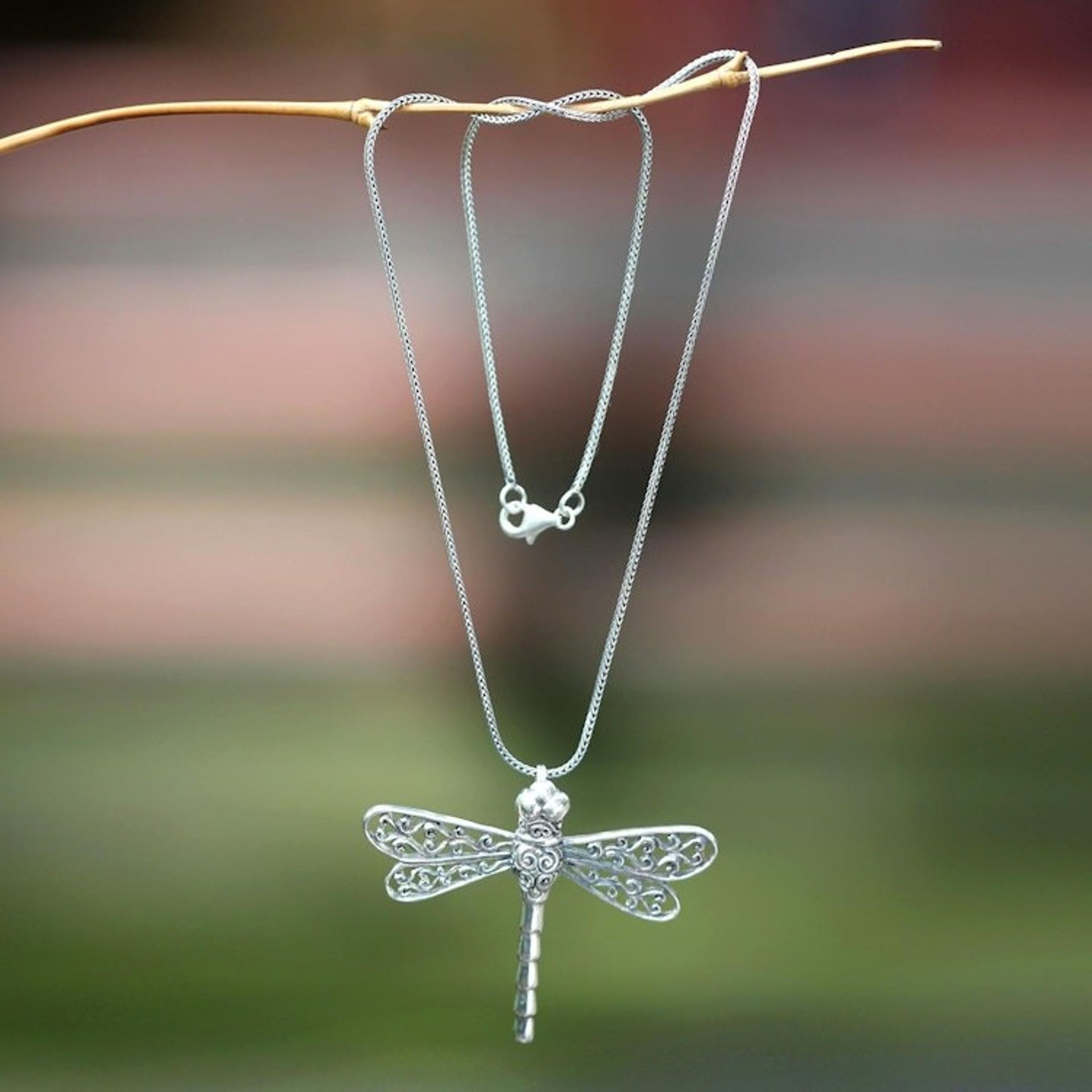 Unique Indonesian Sterling Silver Pendant Necklace 'Lucky Dragonfly'