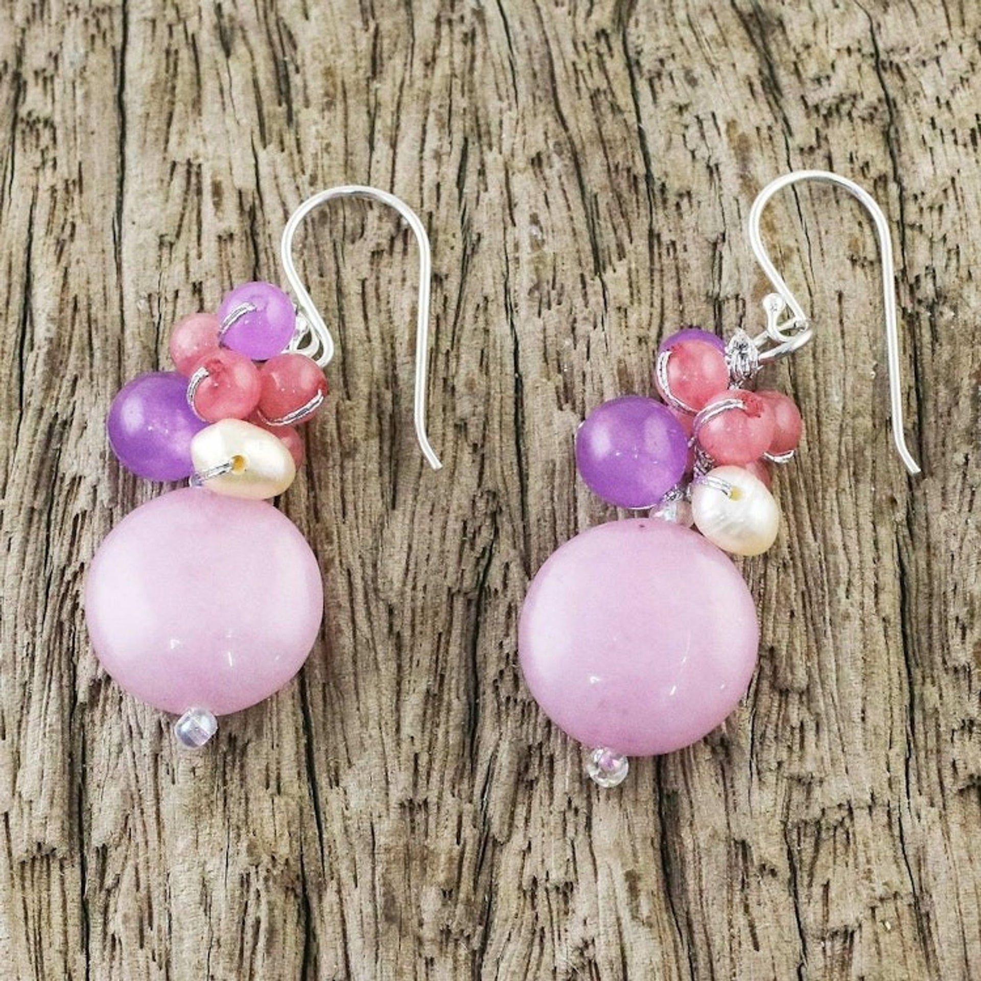 Handmade Purple and Pink Quartz and Pearl Cluster Earrings 'Sweet Thai Joy'
