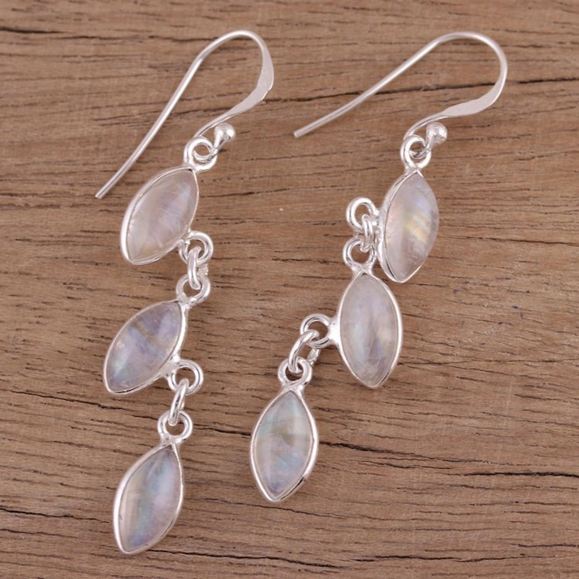 Rainbow Moonstone Long Dangle Earrings with Sterling Silver 'Frosty Trail'