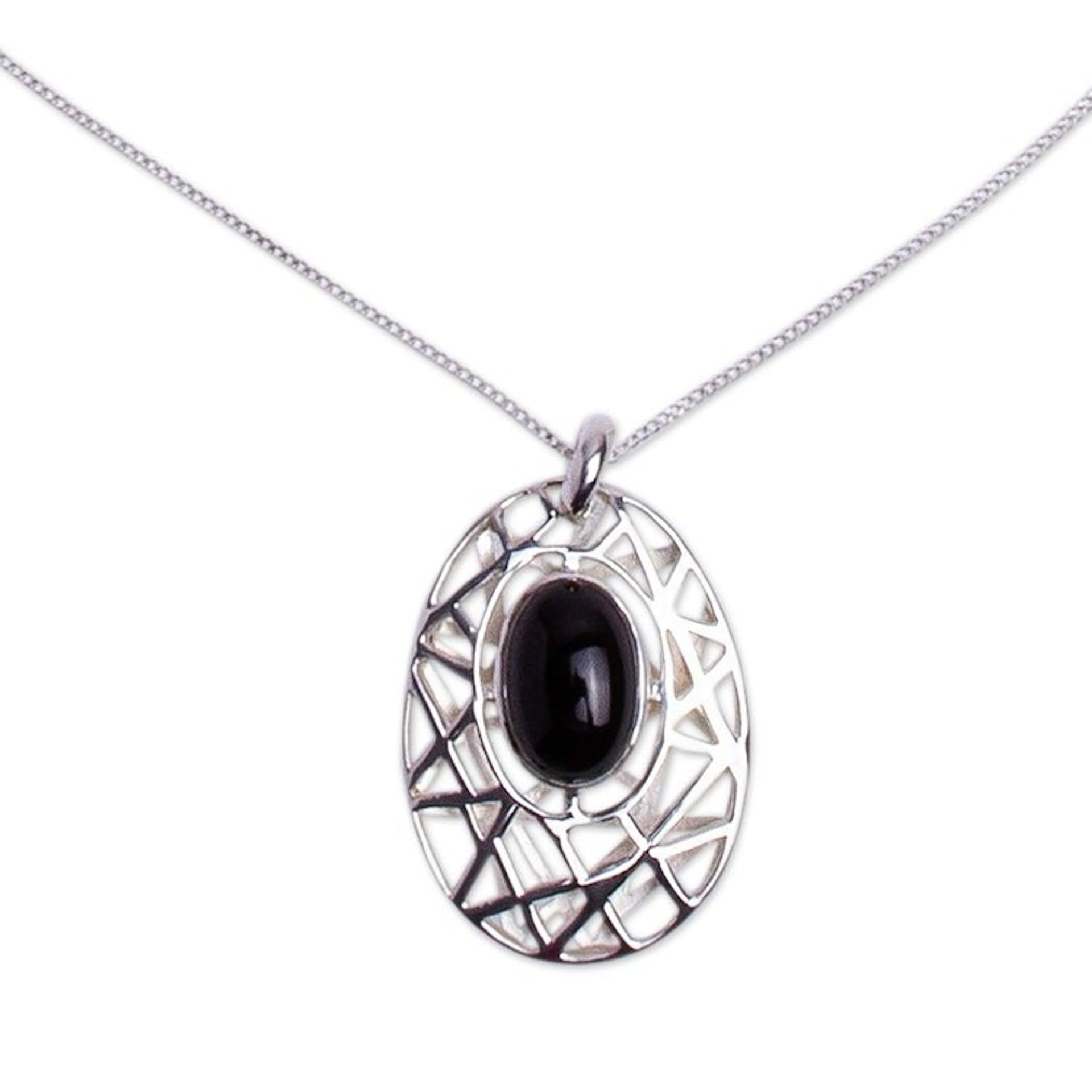 Modernist Silver and Obsidian Pendant Necklace from Mexico 'Lunar Obsidian'