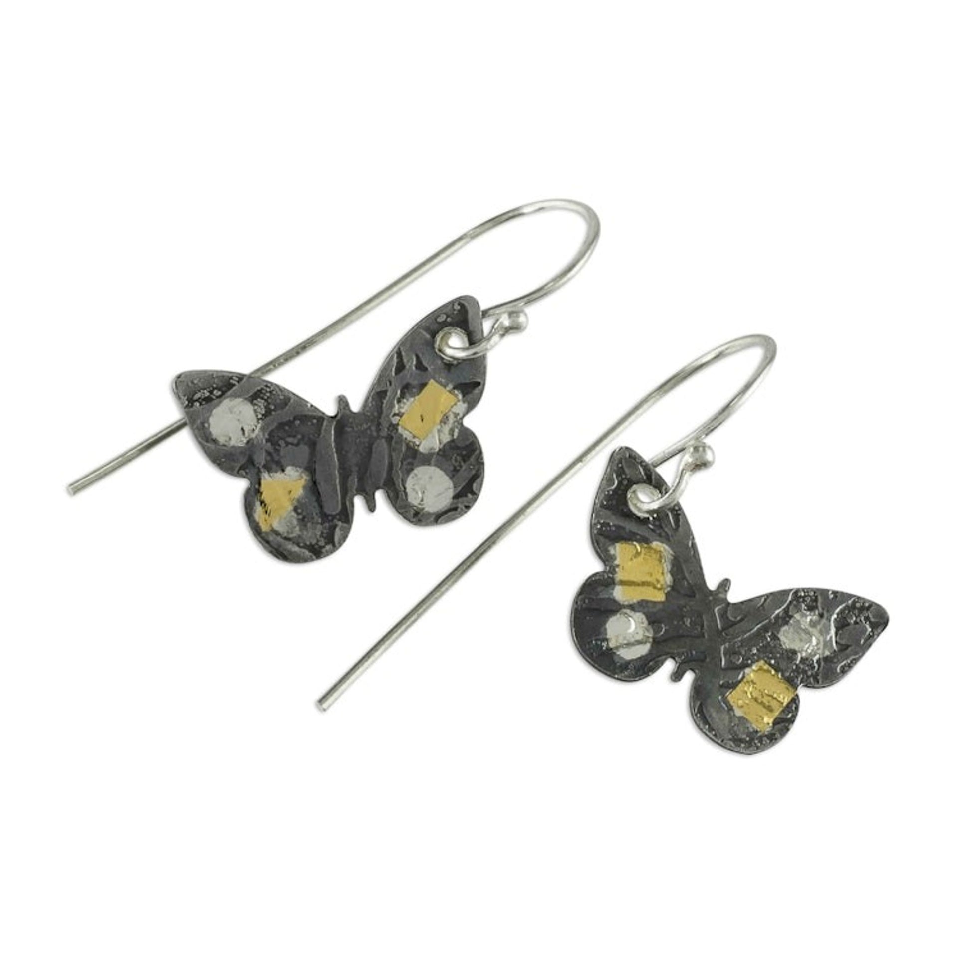 24k Gold Accent Dark Sterling Silver Butterfly Earrings 'Midnight Butterfly'