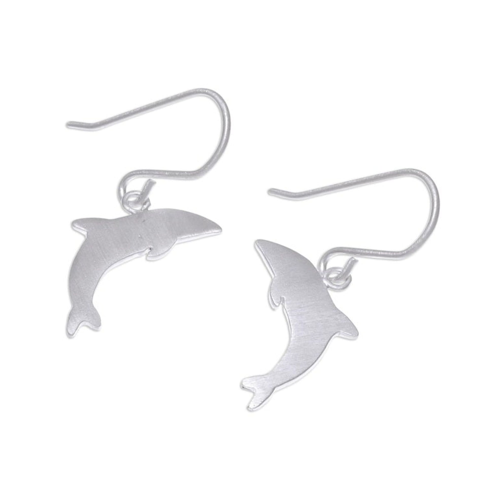 Brushed-Satin Sterling Silver Dolphin Dangle Earrings 'Joyous Dolphin'