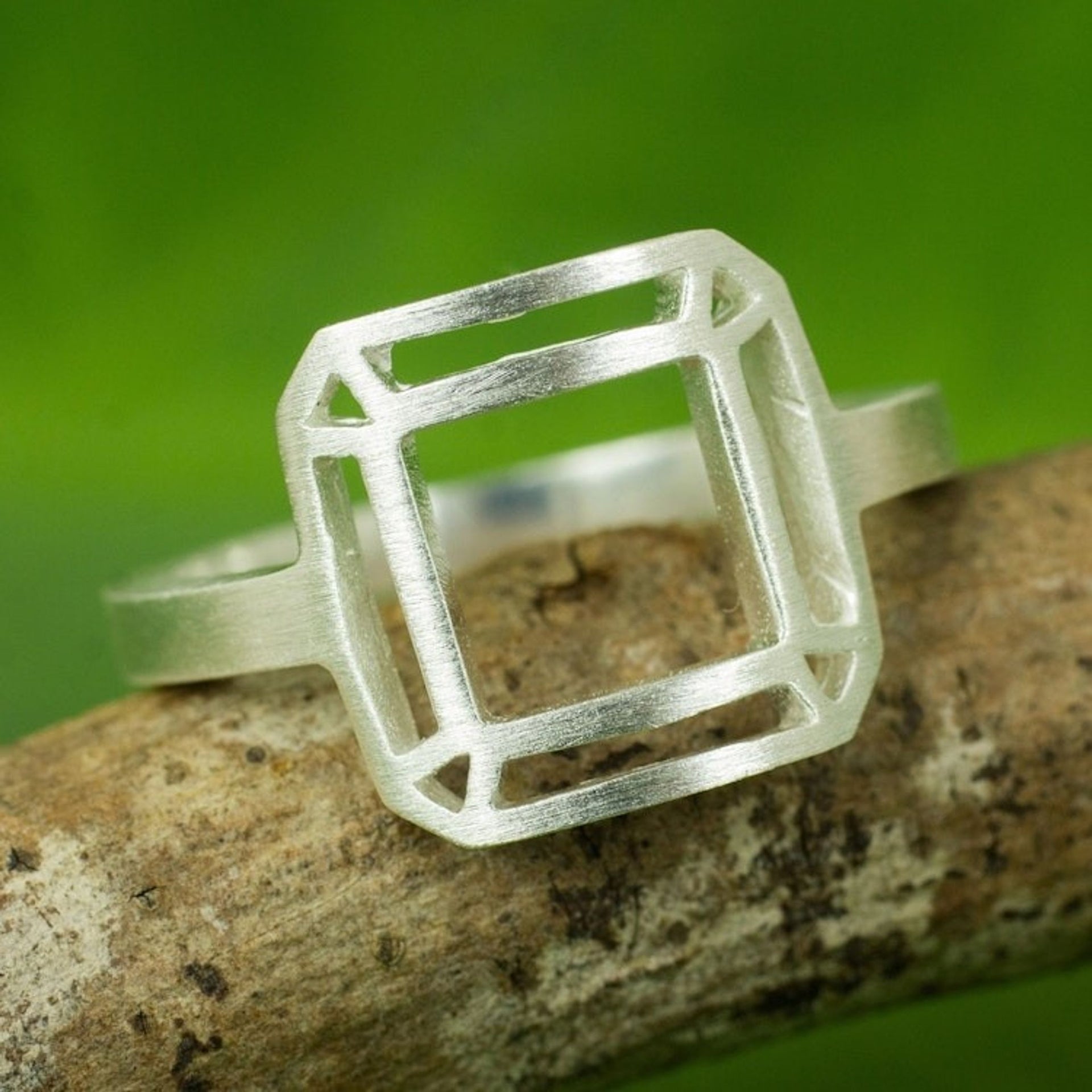 Thai Brushed Sterling Silver Geometric Cocktail Ring 'Satin Window'
