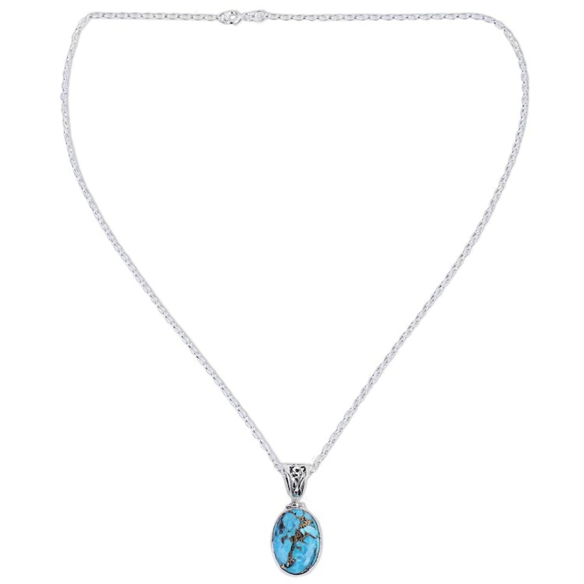 Blue Turquoise Sterling Silver Pendant Necklace India 'Mystical Blue'