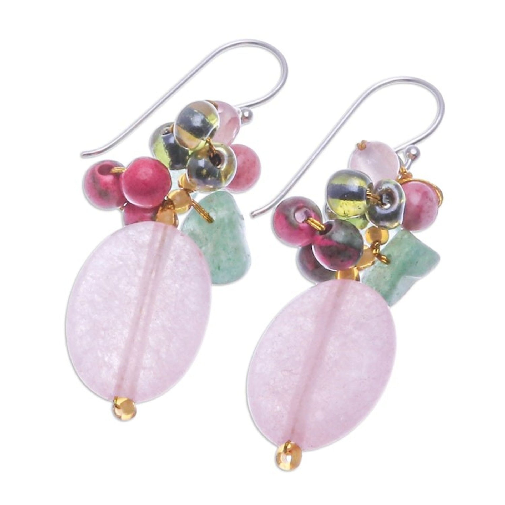 Quartz Aventurine Glass and Resin Beaded Cluster Earrings 'Pink and Green Chic'