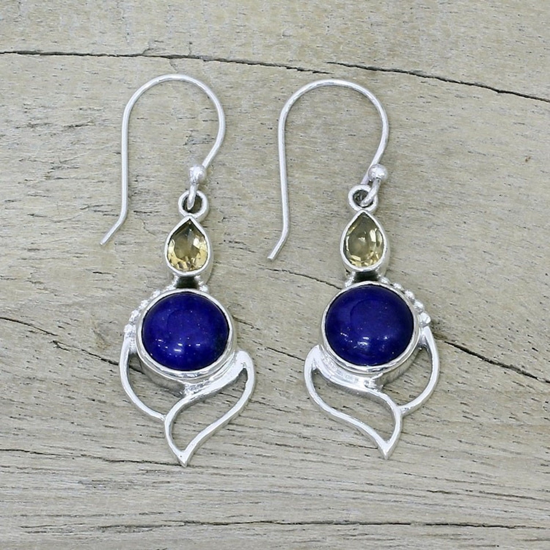Citrine and Lapis Lazuli Dangle Earrings from India 'Starry Crest'
