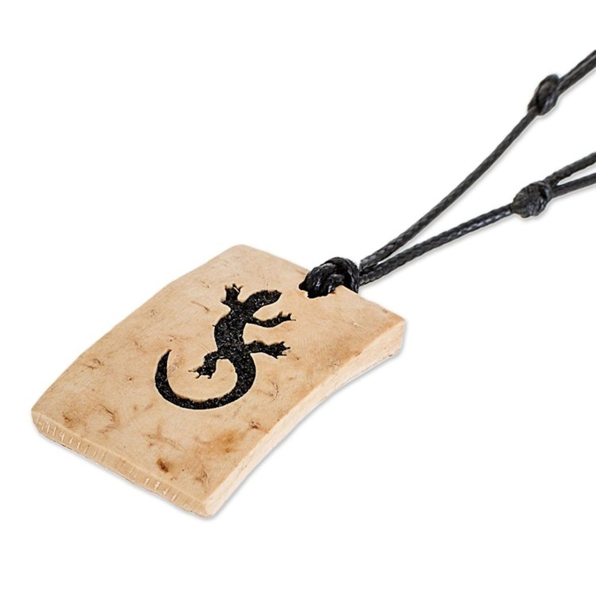 Coconut Shell and Lava Stone Gecko Pendant Necklace 'Gecko Rectangle'