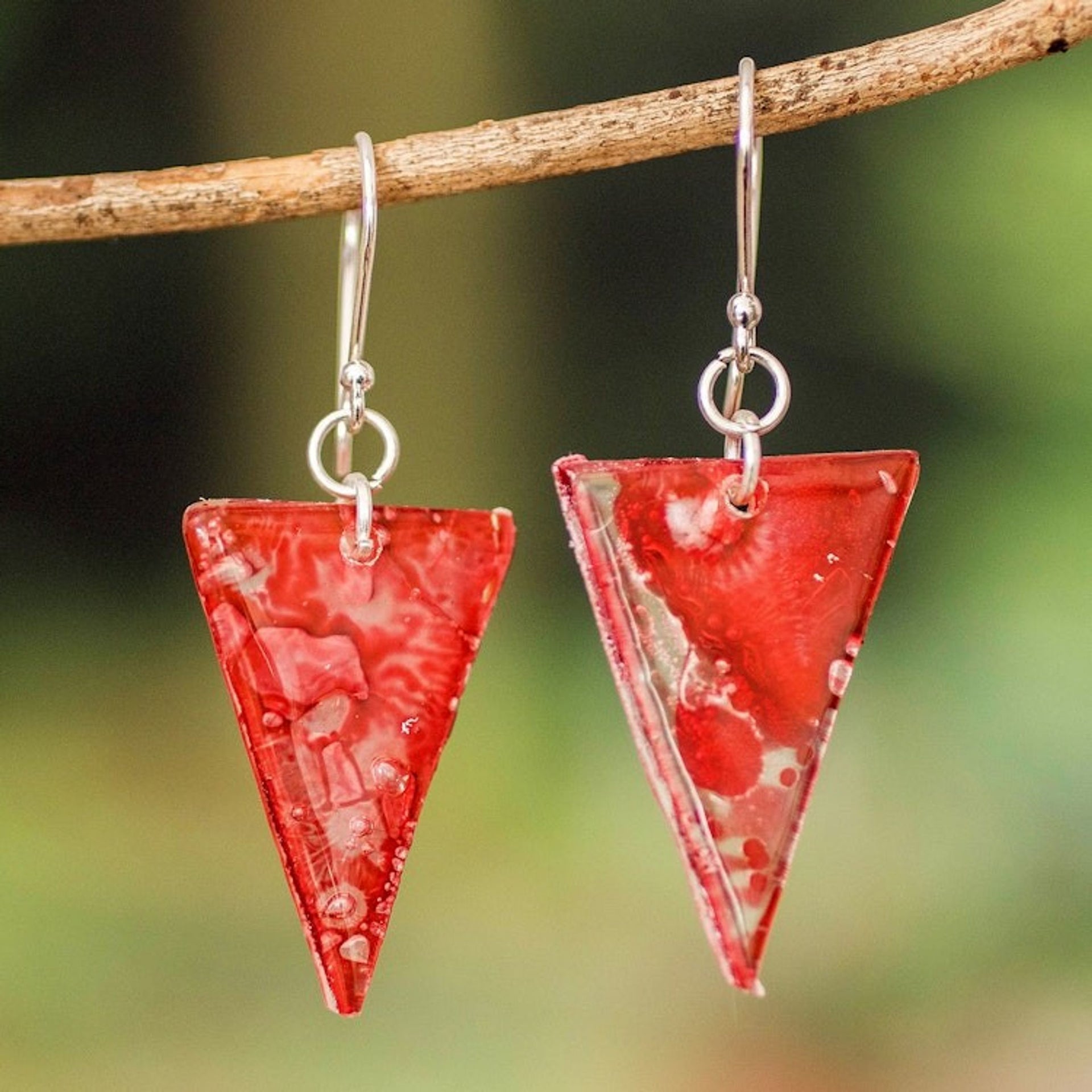 Pink Triangular Recycled CD Dangle Earrings from Guatemala 'Pink Triangles'