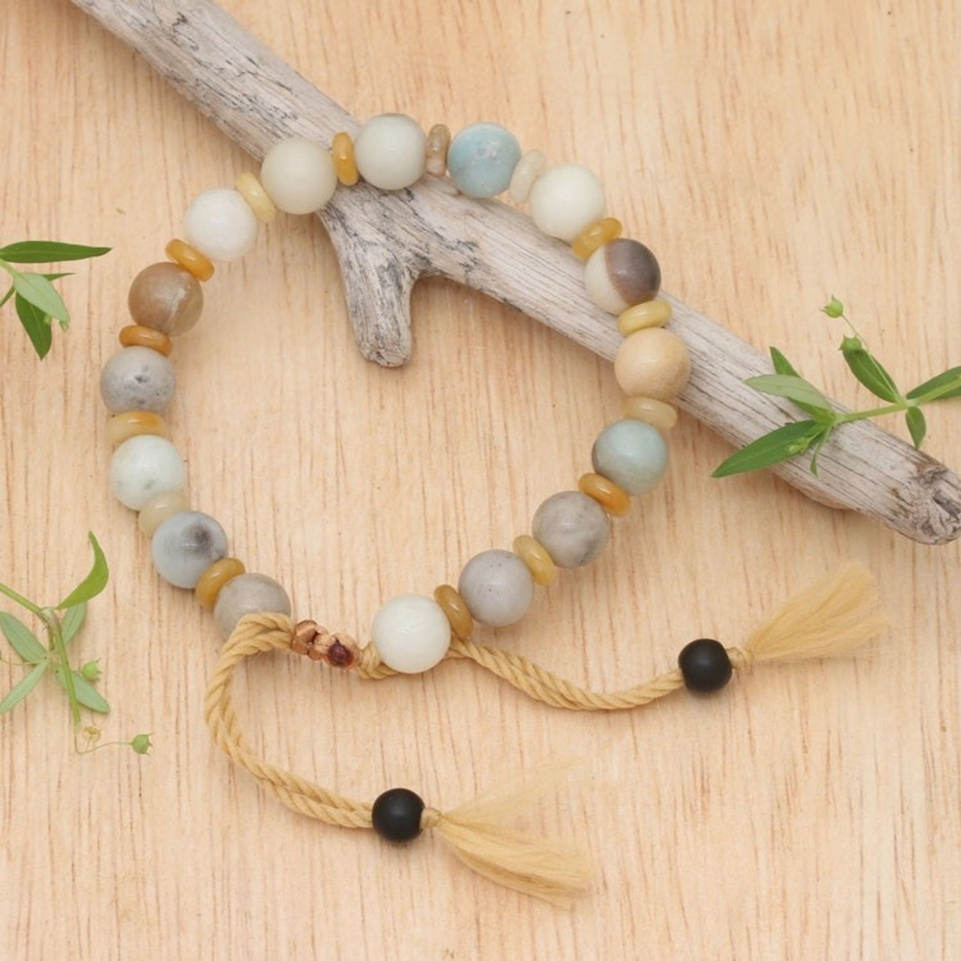 Bohemian Adjustable Amazonite Beaded Bracelet from Bali 'Tranquil Waves'