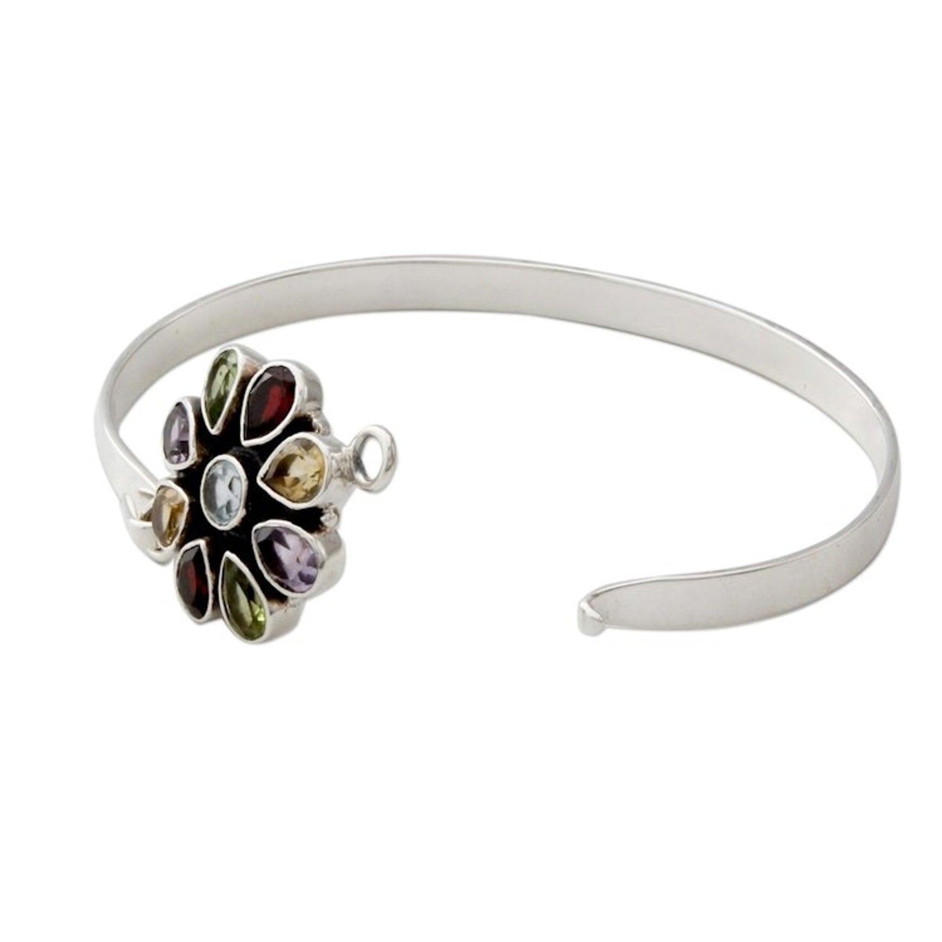 Artisan Crafted Floral Multi-Gemstone Silver Bangle Bracelet 'Floral Emblem'