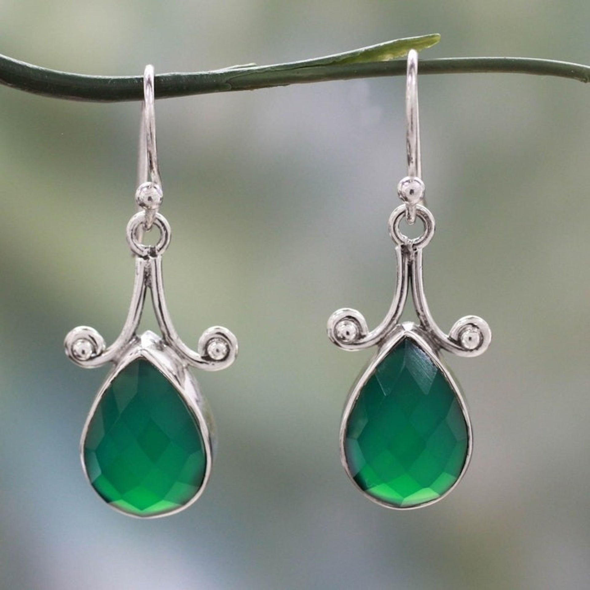 Sterling Silver and Green Onyx Hook Earrings 'Himalaya Muse'