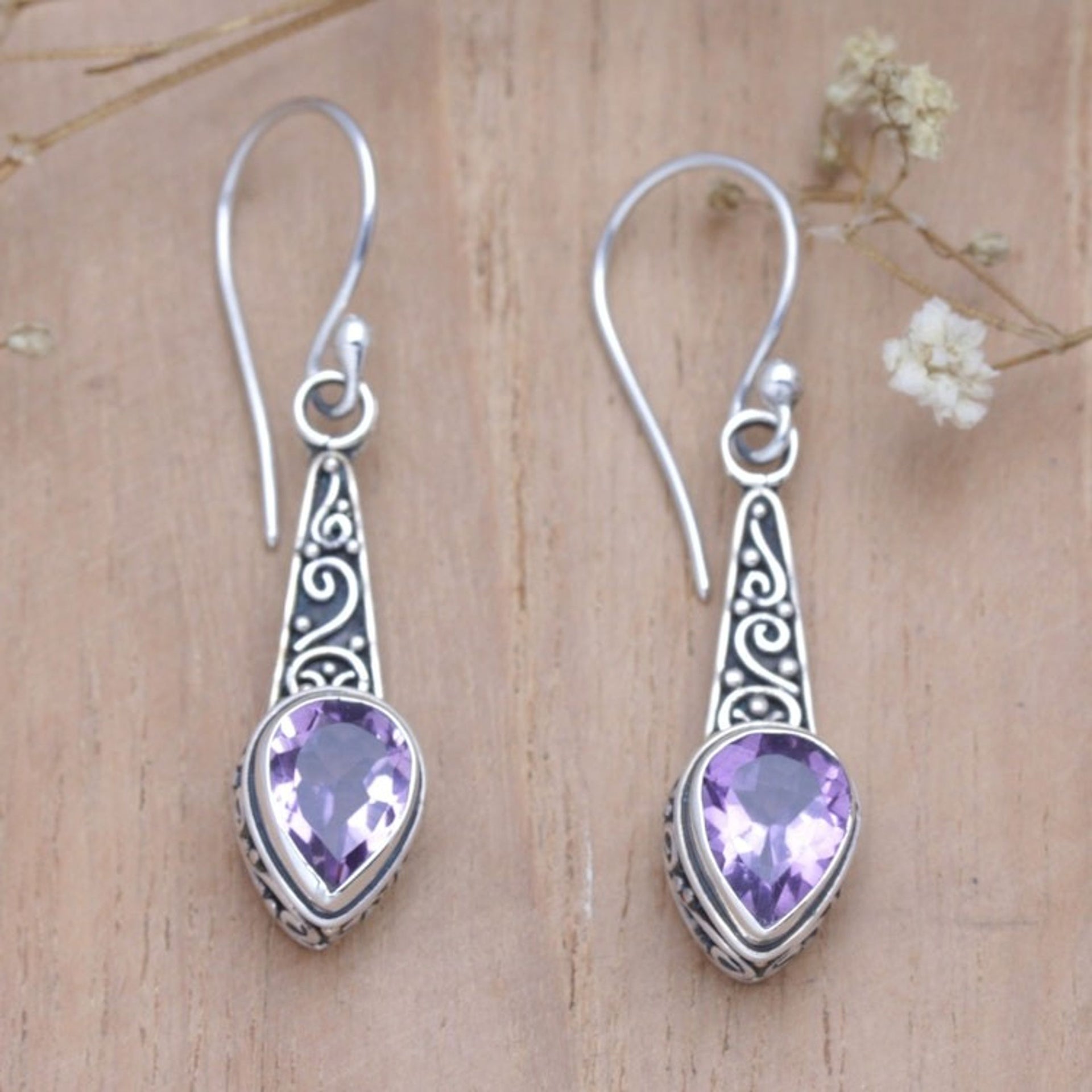 Faceted One-Carat Amethyst Dangle Earrings Crafted in Bali 'Purple Balinese Heaven'
