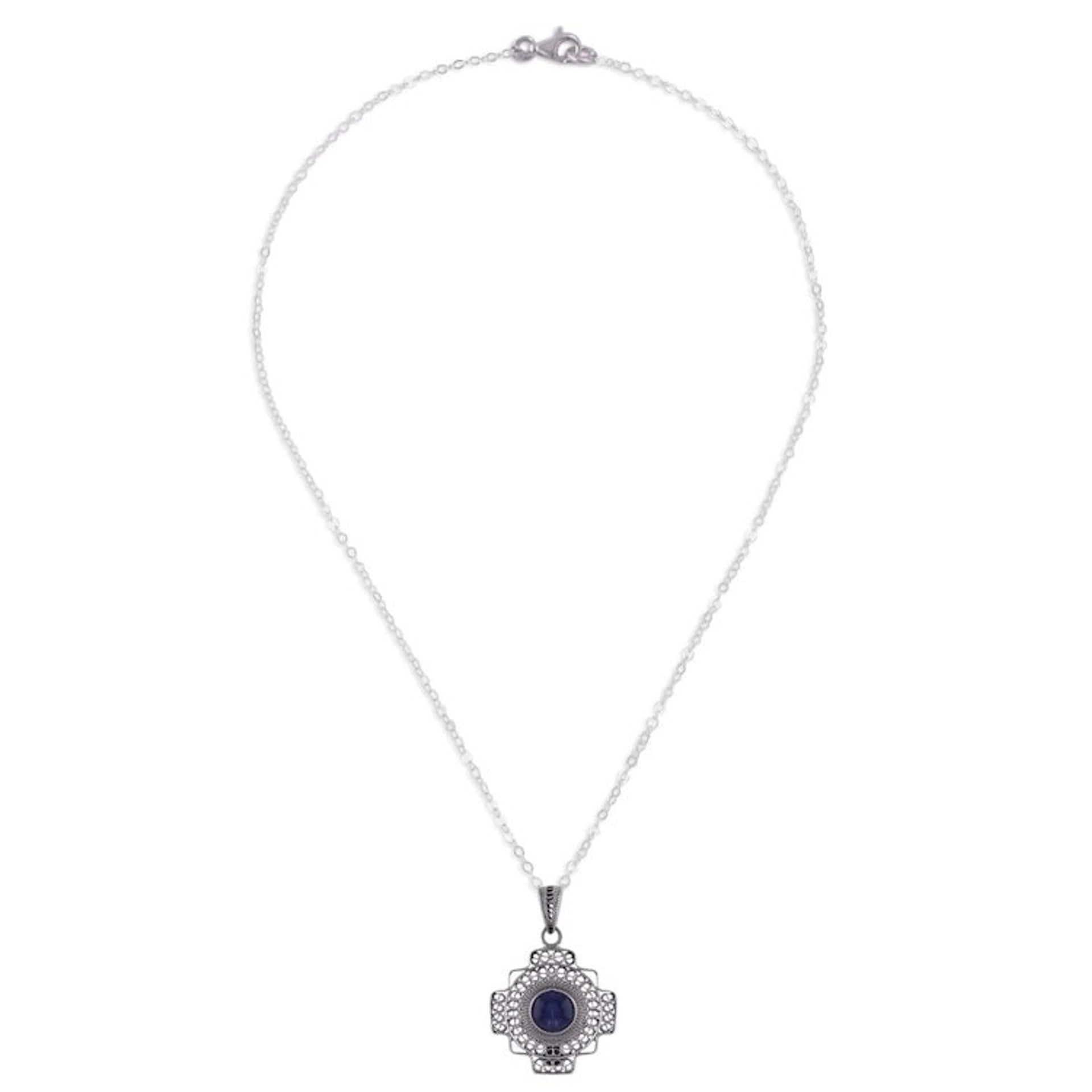 Sodalite Chakana Cross Filigree Pendant Necklace from Peru 'Blue Mountain Chakana'