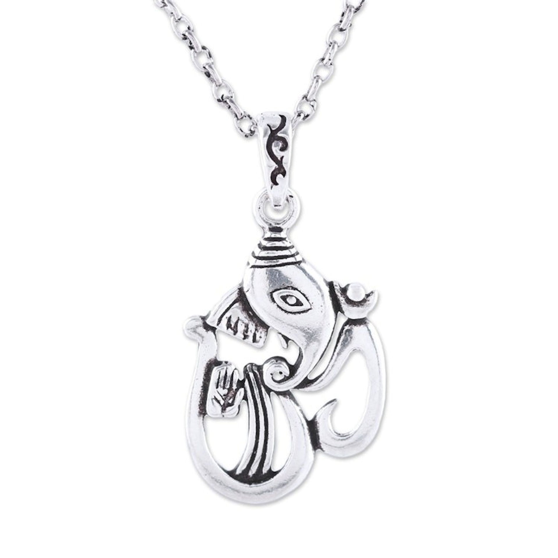Sterling Silver Ganesha as Om Pendant Necklace from India 'Artistic Om Ganesha'