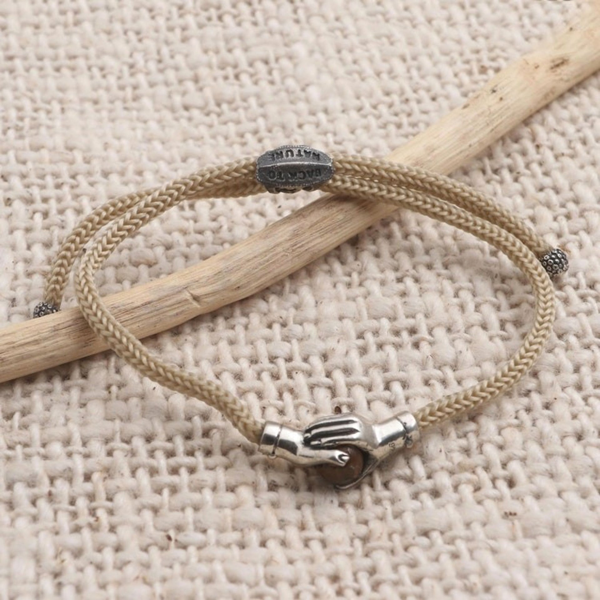 Bali Tiger's Eye Sterling Silver Beige Cord Unity Bracelet 'Silver Beige Handshake'