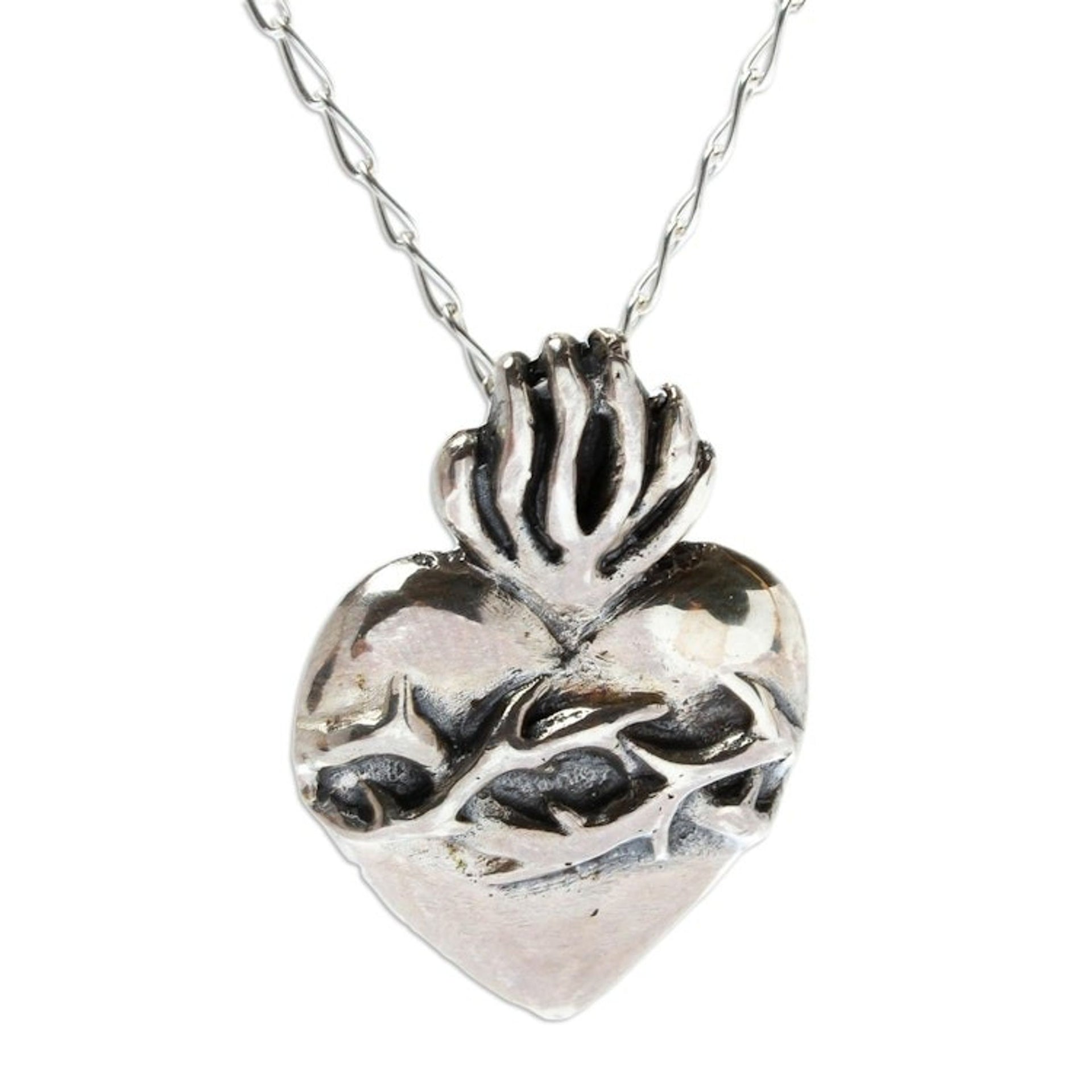 Heart of Jesus Sterling Silver Pendant Necklace from Mexico 'Blessed Heart'